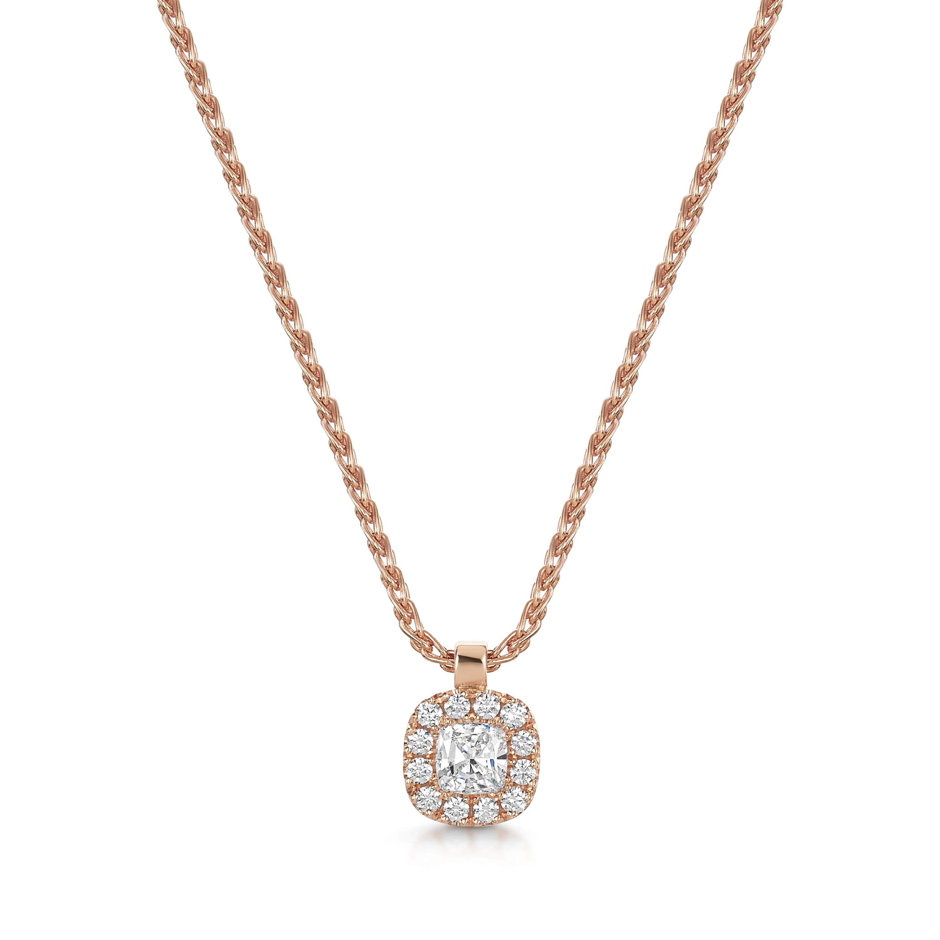 18ct Rose Gold Cushion Cut Diamond Halo Pendant