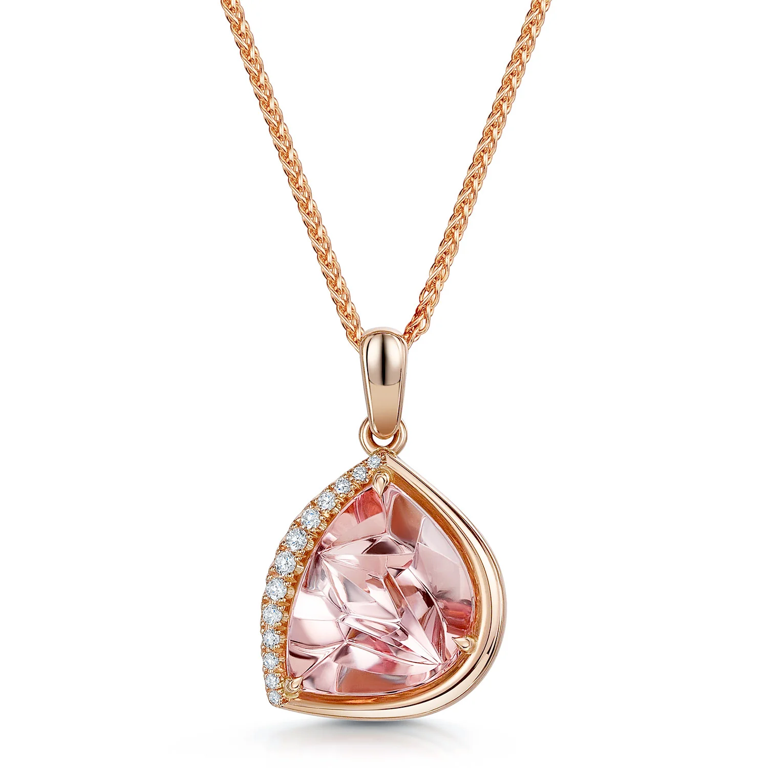18ct Rose Gold Fantasy 'K' Cut Morganite And Diamond Pendant