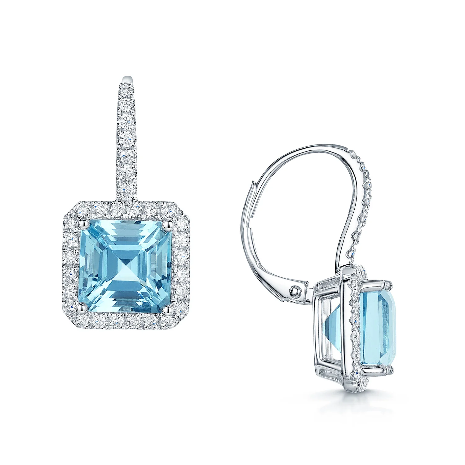 18ct White Gold Aquamarine And Diamond Halo Drop Earrings