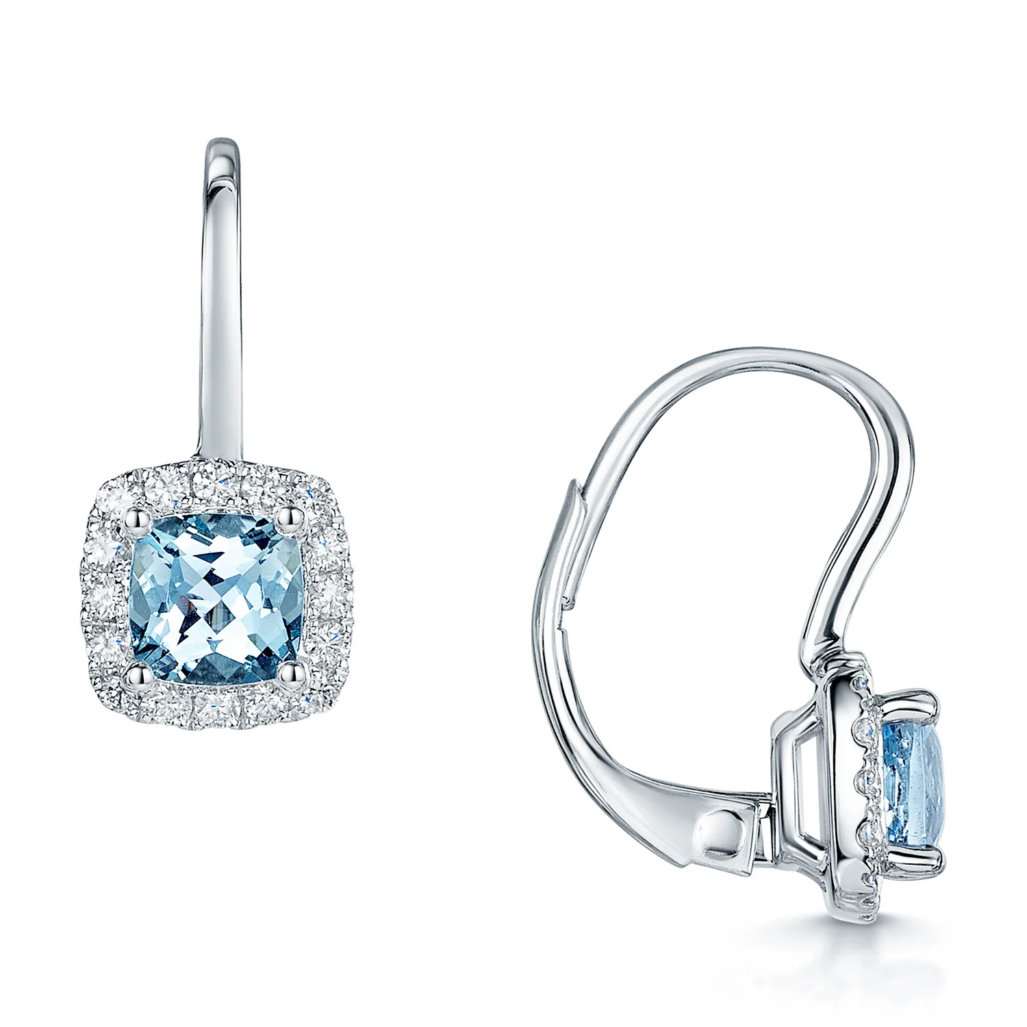 18ct White Gold Aquamarine & Round Brilliant Cut Diamond Halo Earrings