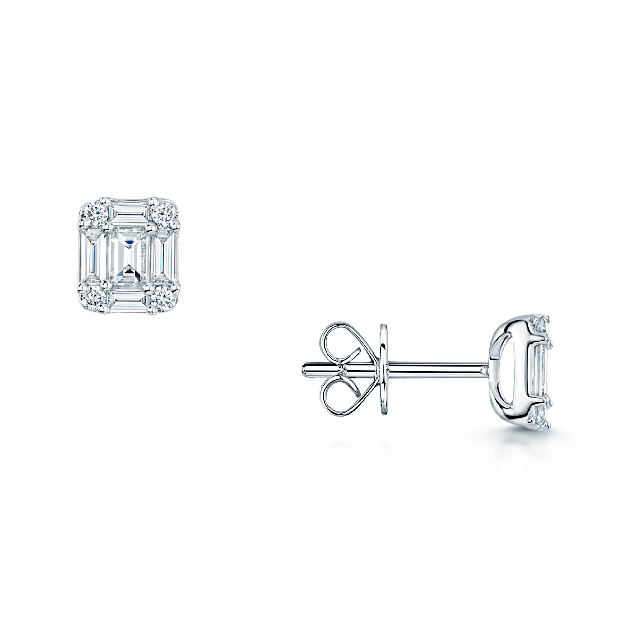 18ct White Gold Baguette and Round Brilliant Cut Diamond Stud Earrings