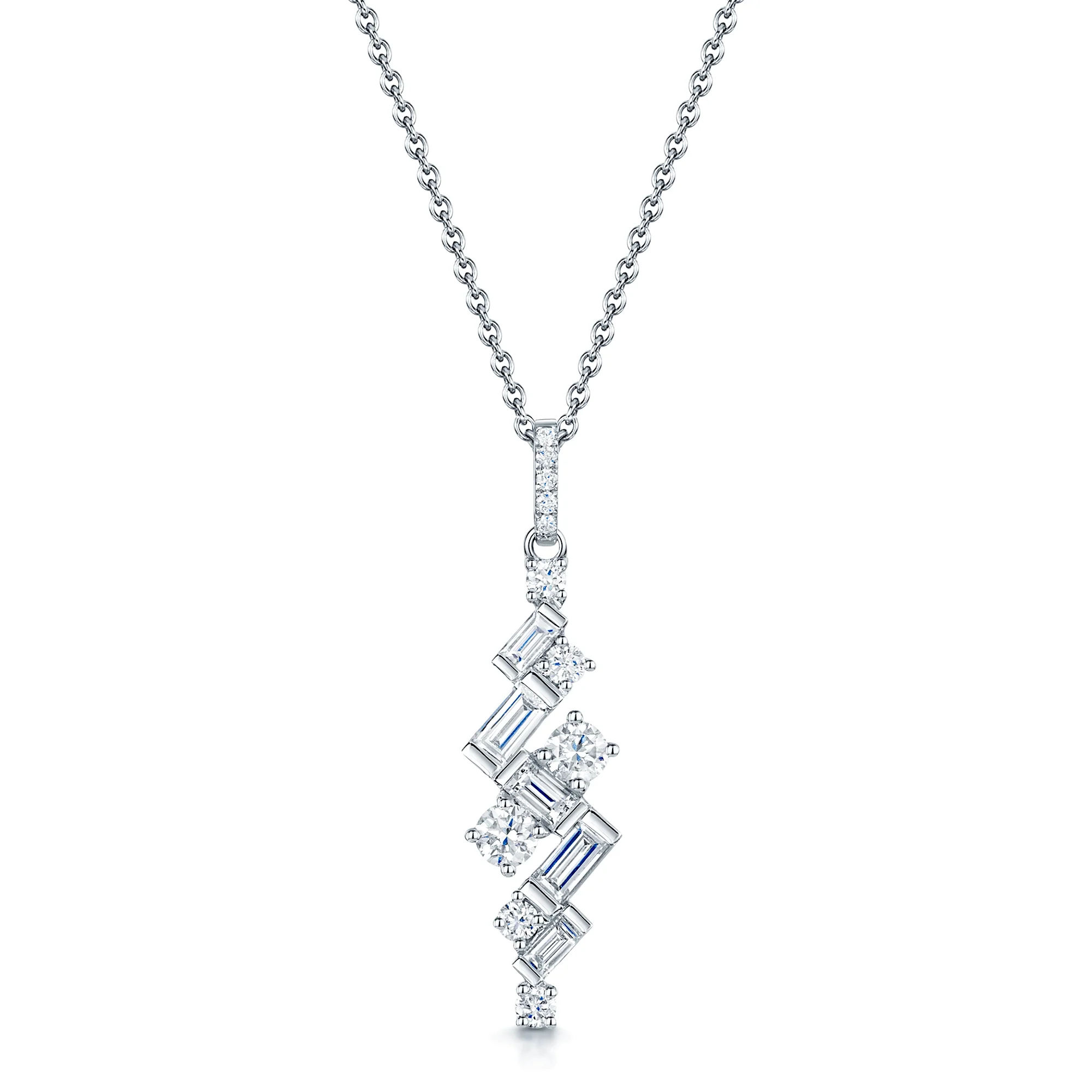 18ct White Gold Baguette and Round Brilliant Cut Diamond Drop Pendant