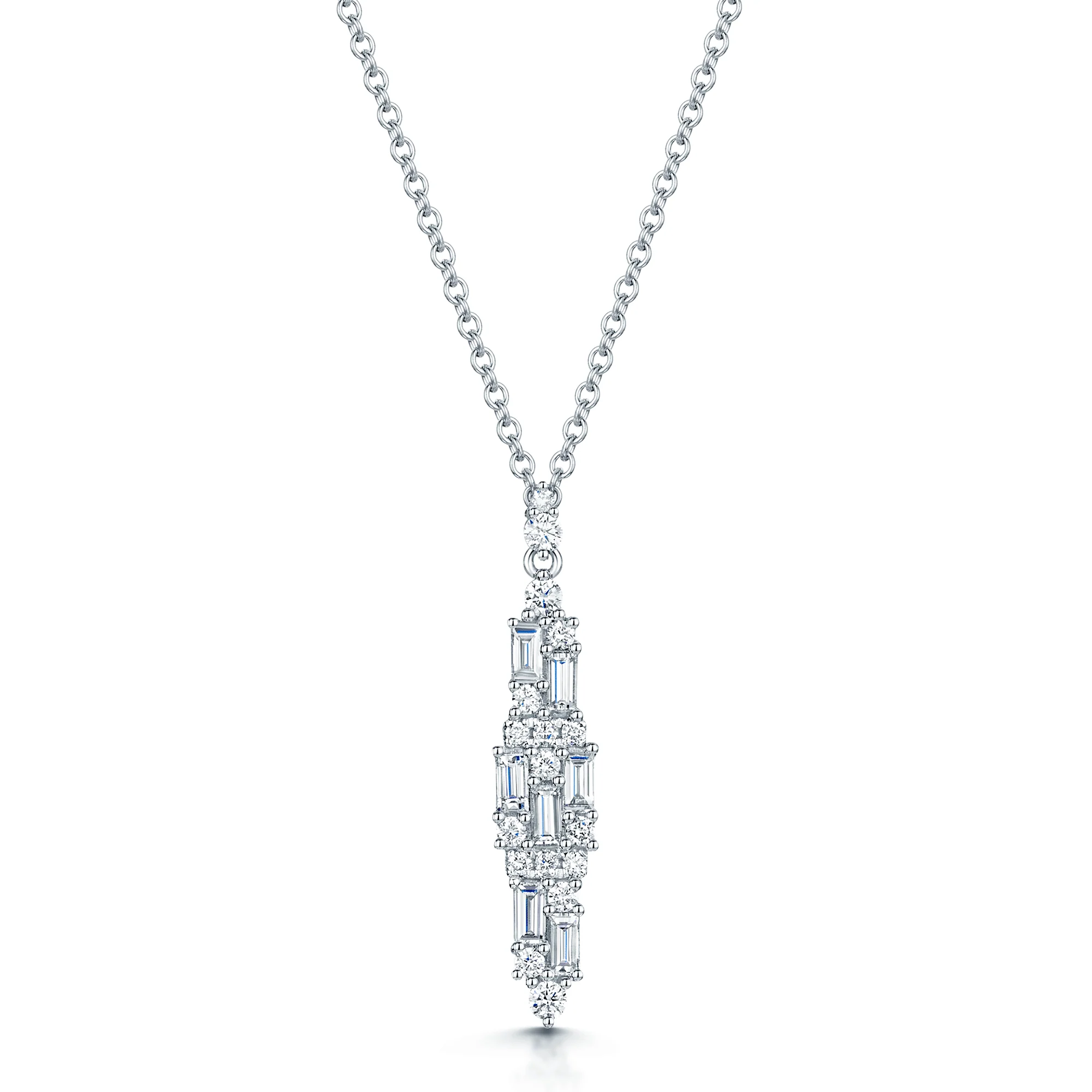 18ct White Gold Baguette & Round Brilliant Cut Diamond Drop Pendant