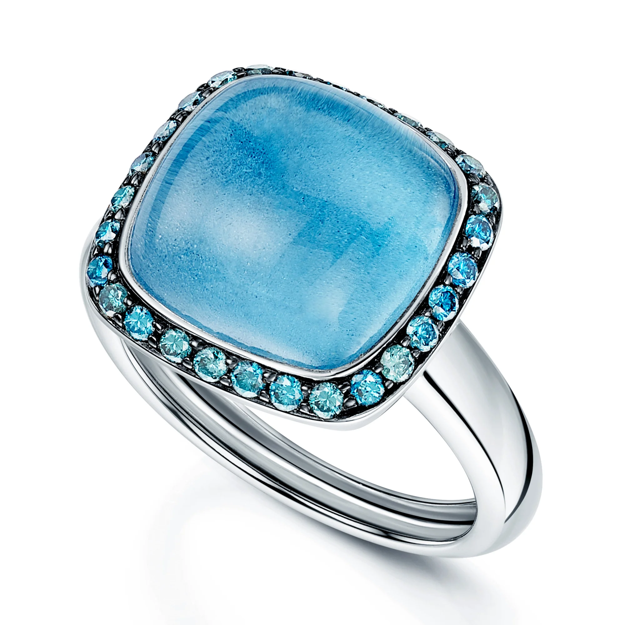 18ct White Gold Cabochon Cut Blue Topaz & Blue Diamond Halo Dress Ring