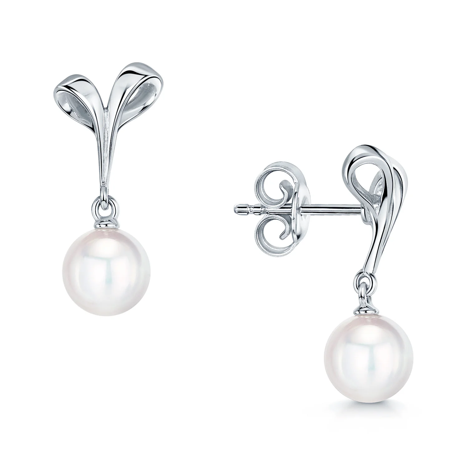18ct White Gold Cultured Single Pearl Scroll Detail Drop Earrings