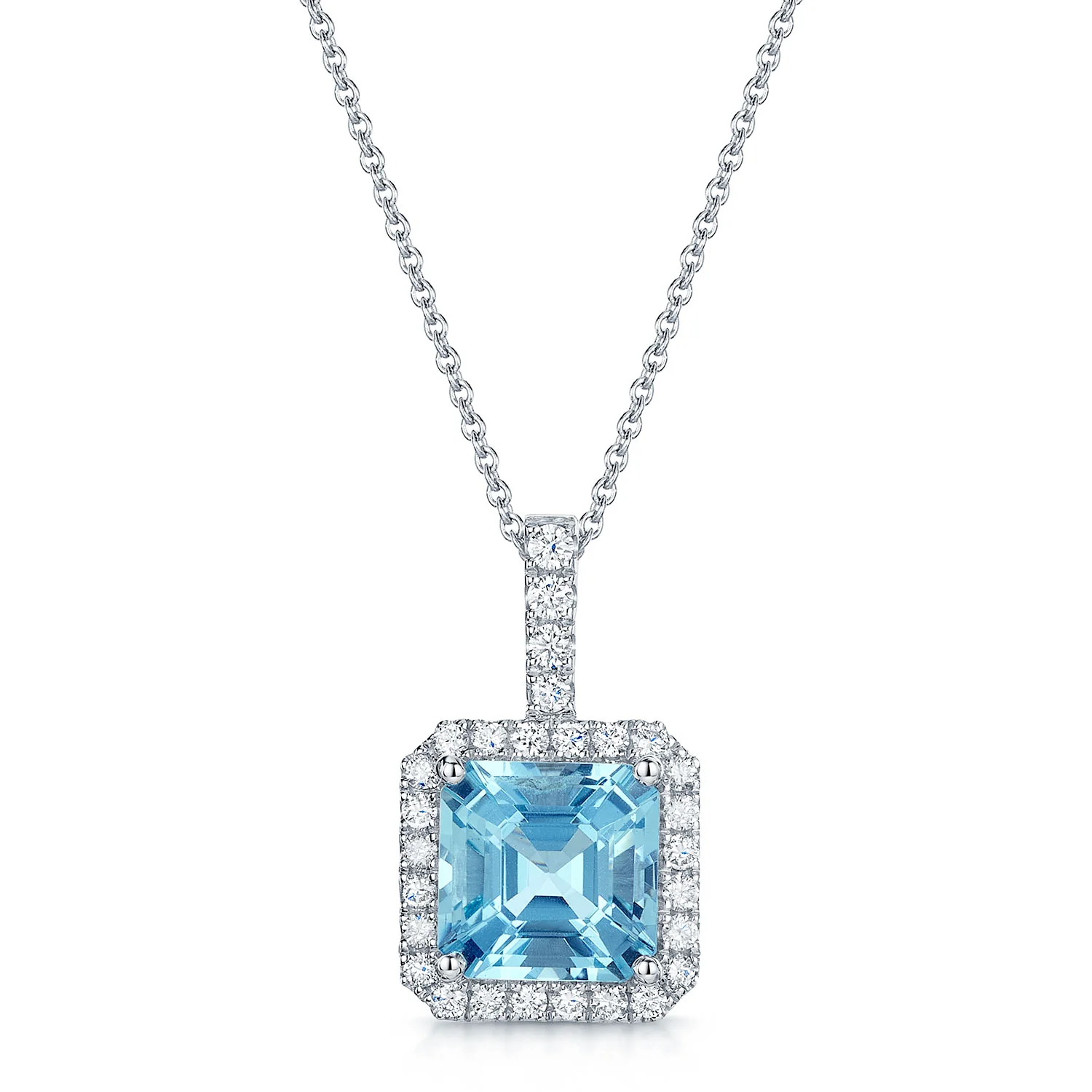 18ct White Gold Aquamarine And Diamond Square Cut Halo Pendant