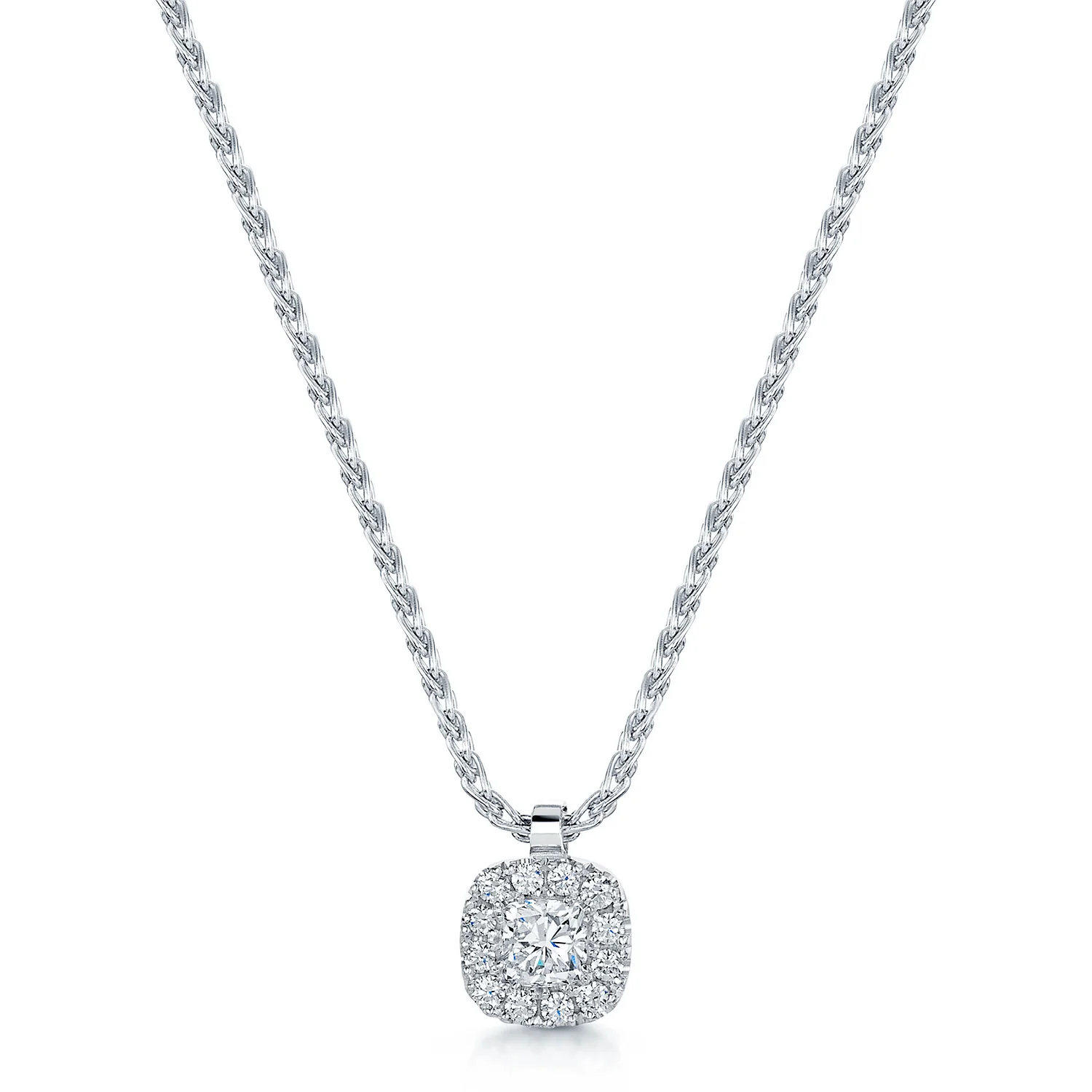 18ct White Gold Cushion Cut Diamond Halo Pendant