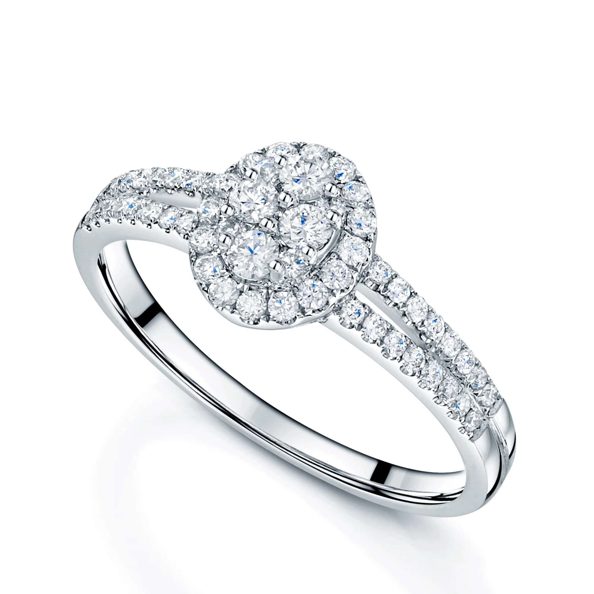 18ct White Gold Diamond Cluster Ring With Split Pave Set Shoulders