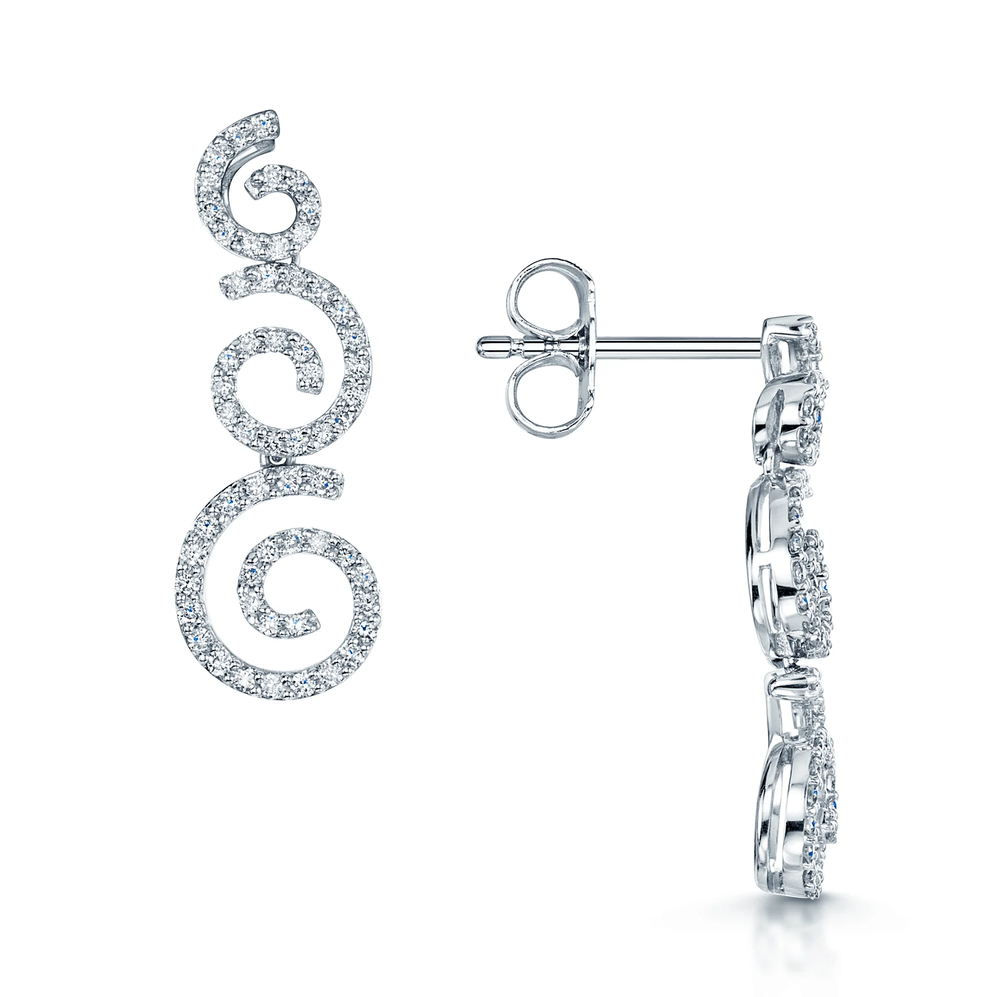 18ct White Gold Diamond Spiral Pave Set Drop Earrings