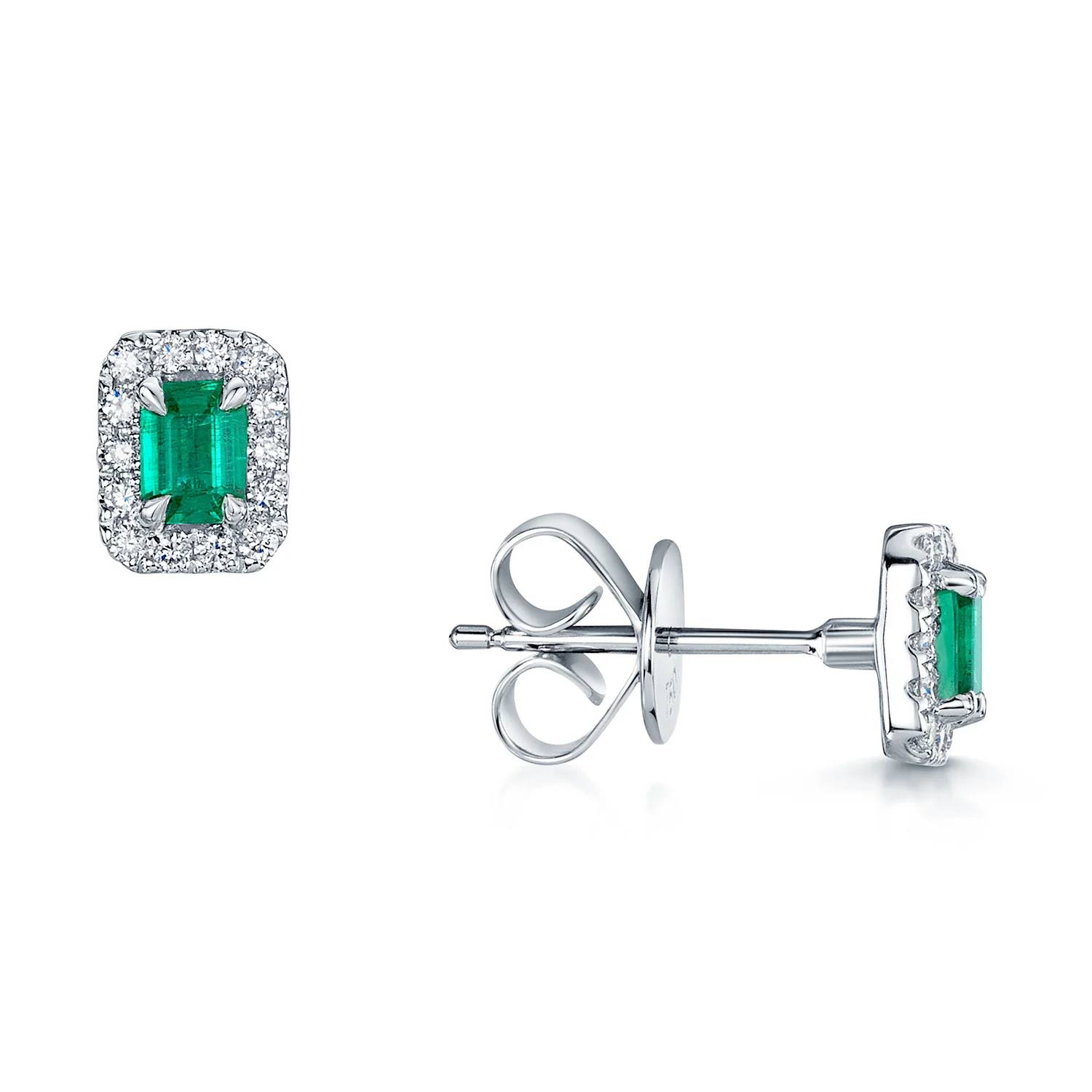 18ct White Gold Emerald And Diamond Halo Stud Earrings