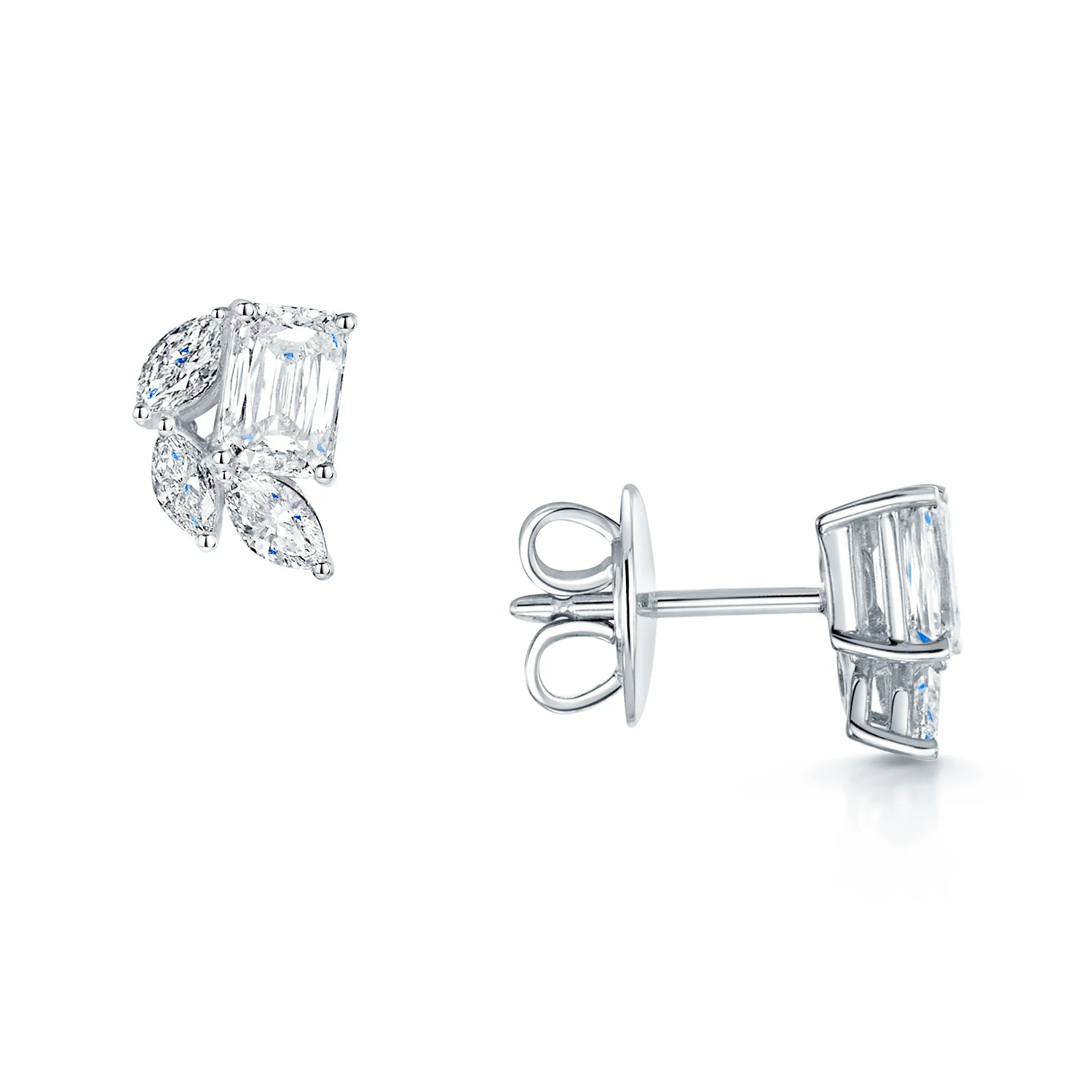 18ct White Gold Emerald Cut And Marquise Diamond Stud Earrings