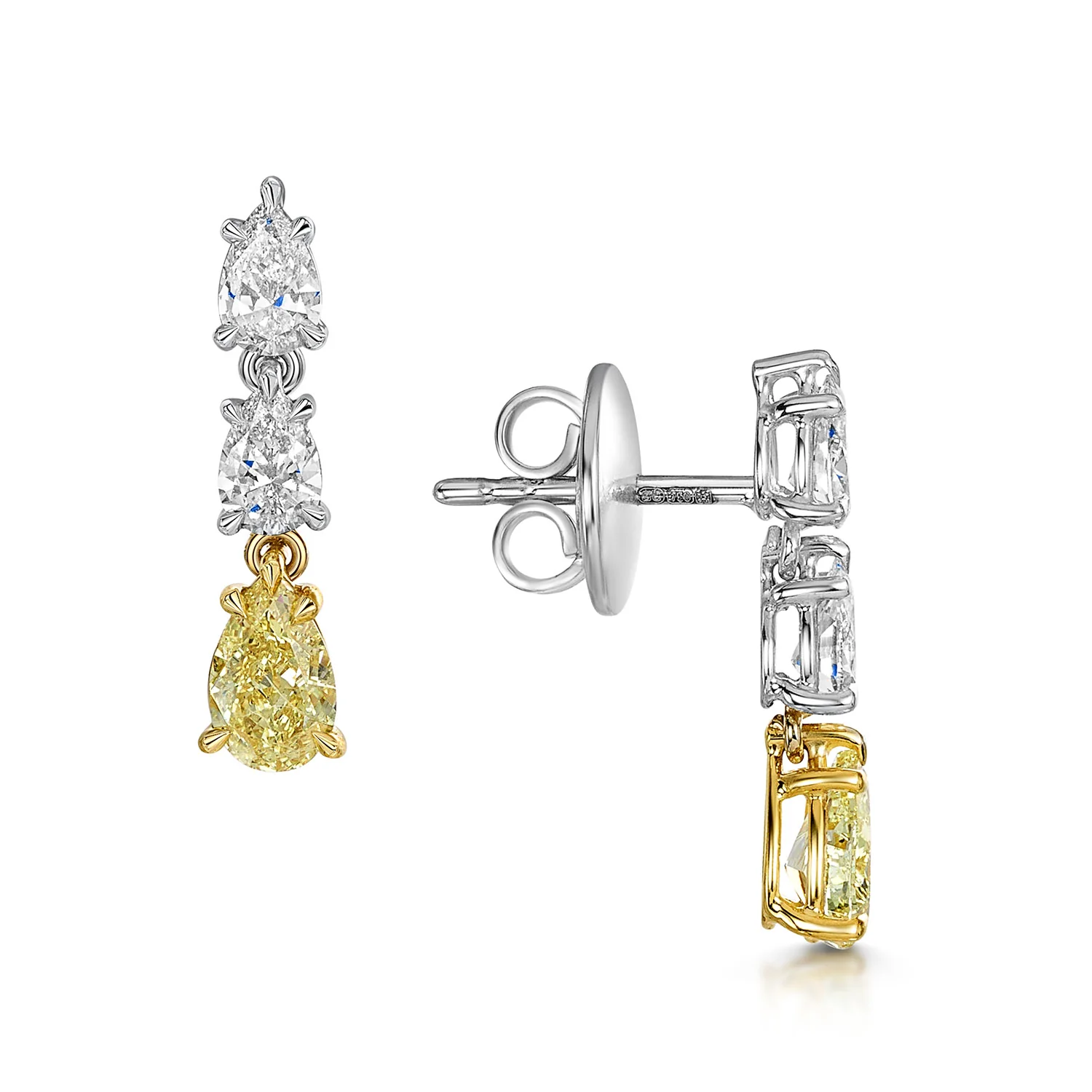 18ct White Gold Fancy Yellow & White Diamond Pear Cut Drop Earrings