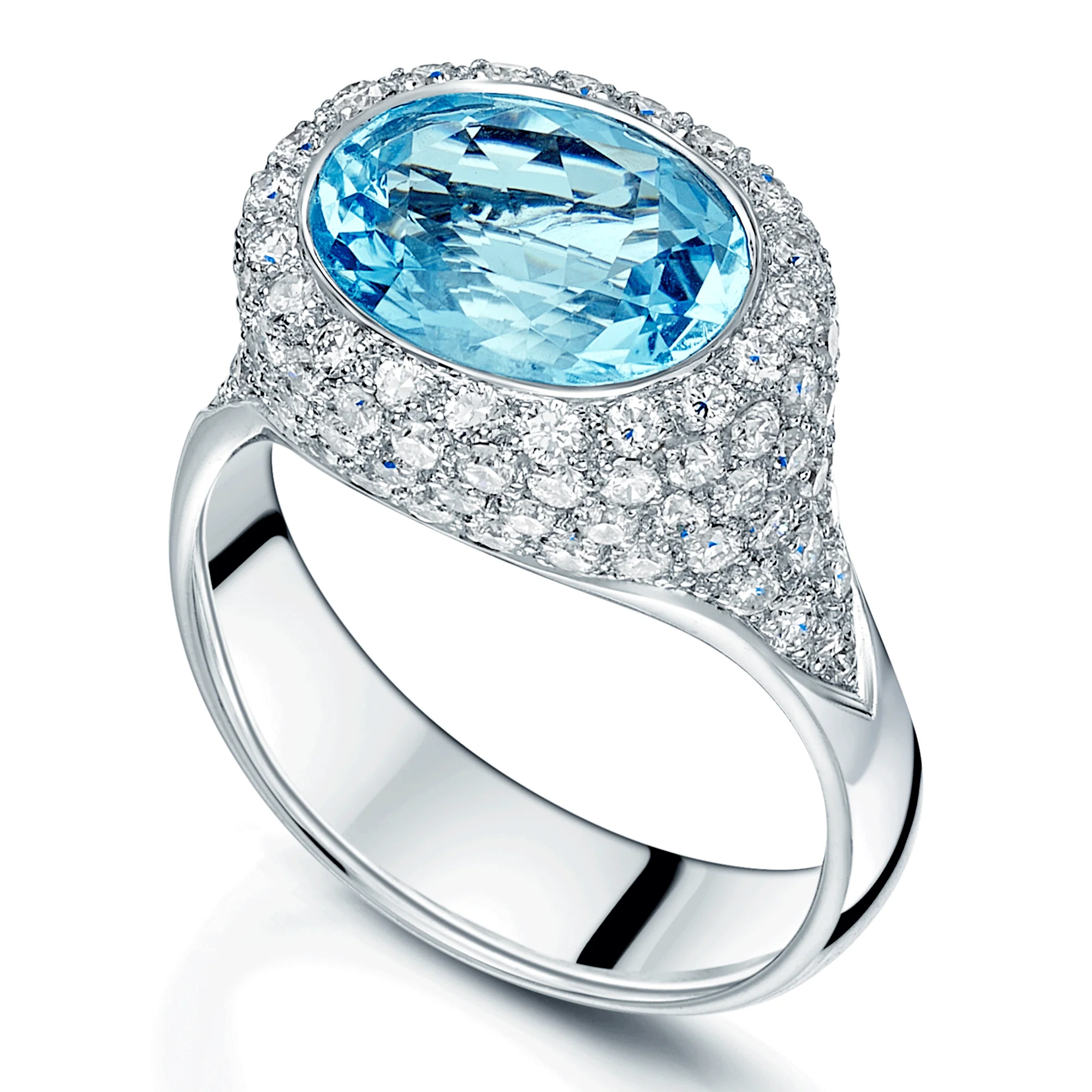 18ct White Gold Oval Blue Topaz Ring With Diamond Pave Set Halo & Sides