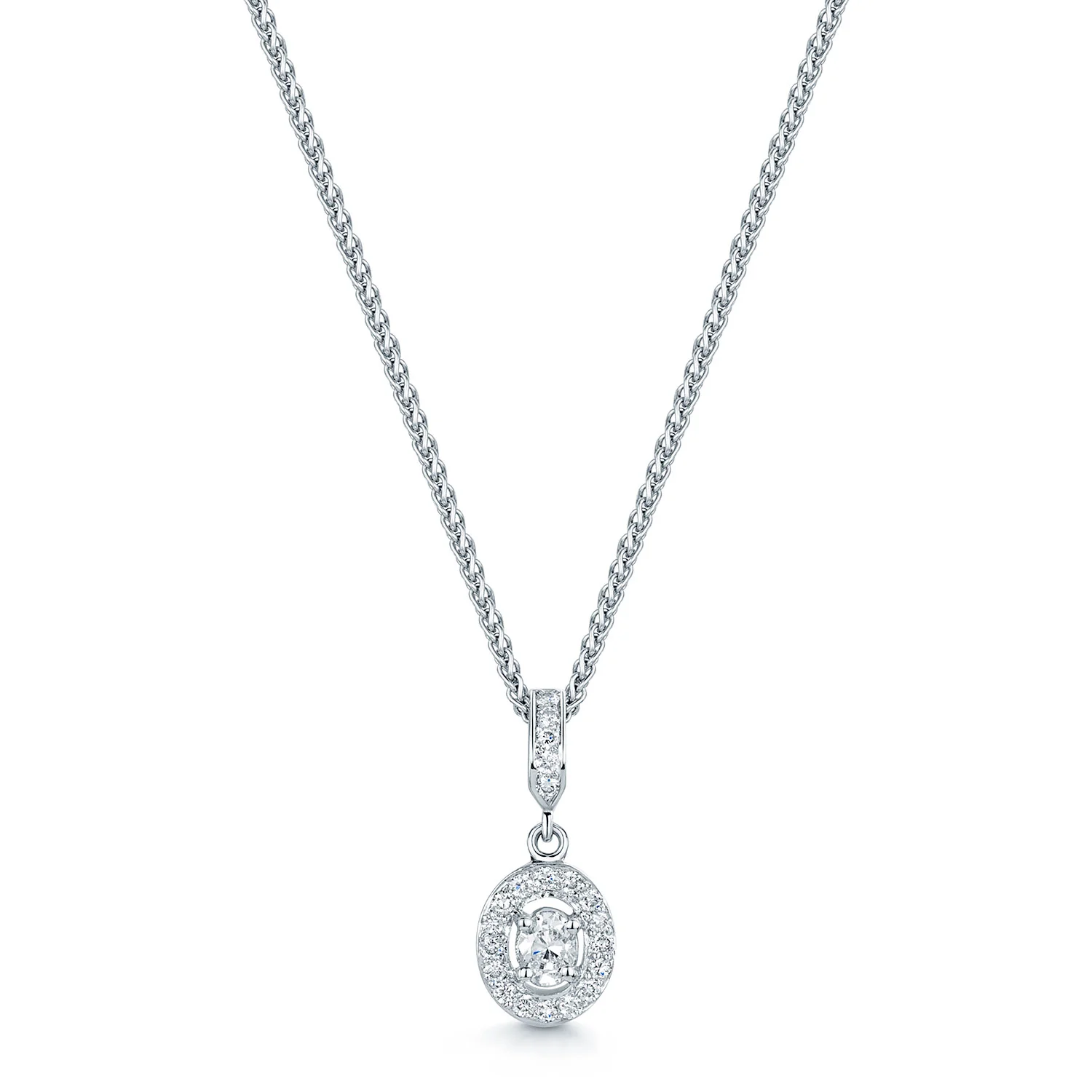18ct White Gold Oval Cut Diamond Halo Pendant