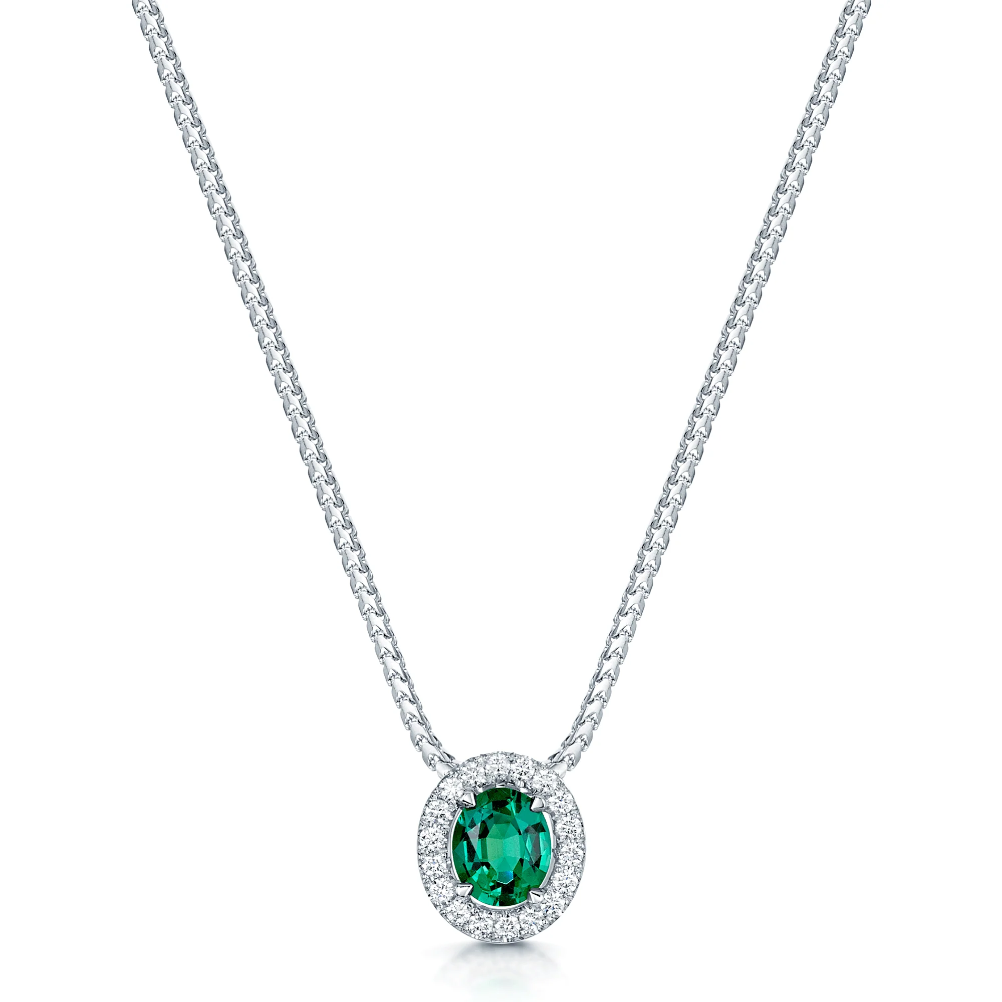 18ct White Gold Oval Cut Emerald And Diamond Halo Pendant