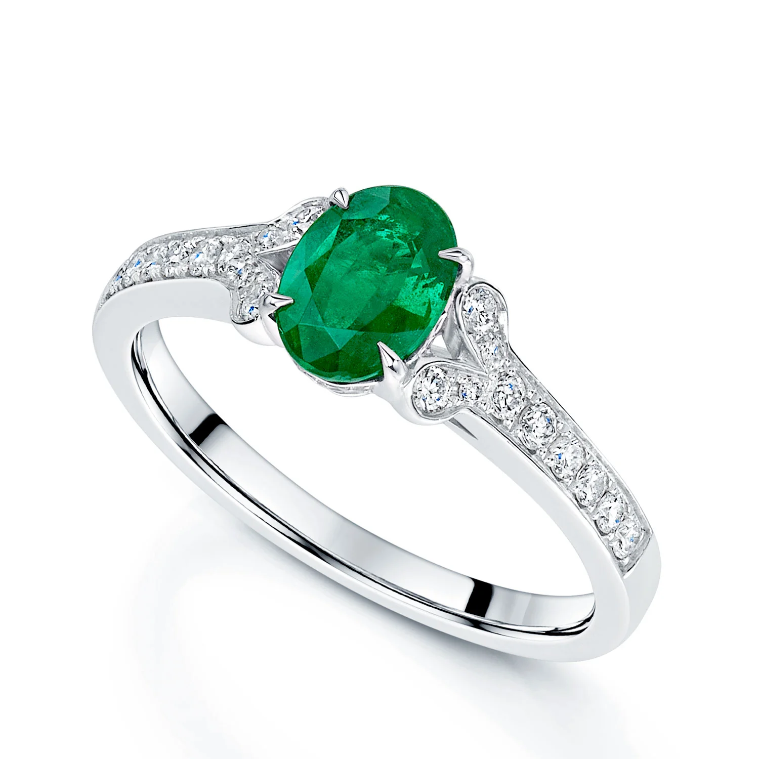 18ct White Gold Oval Emerald Ring With Diamond Set Shoulders