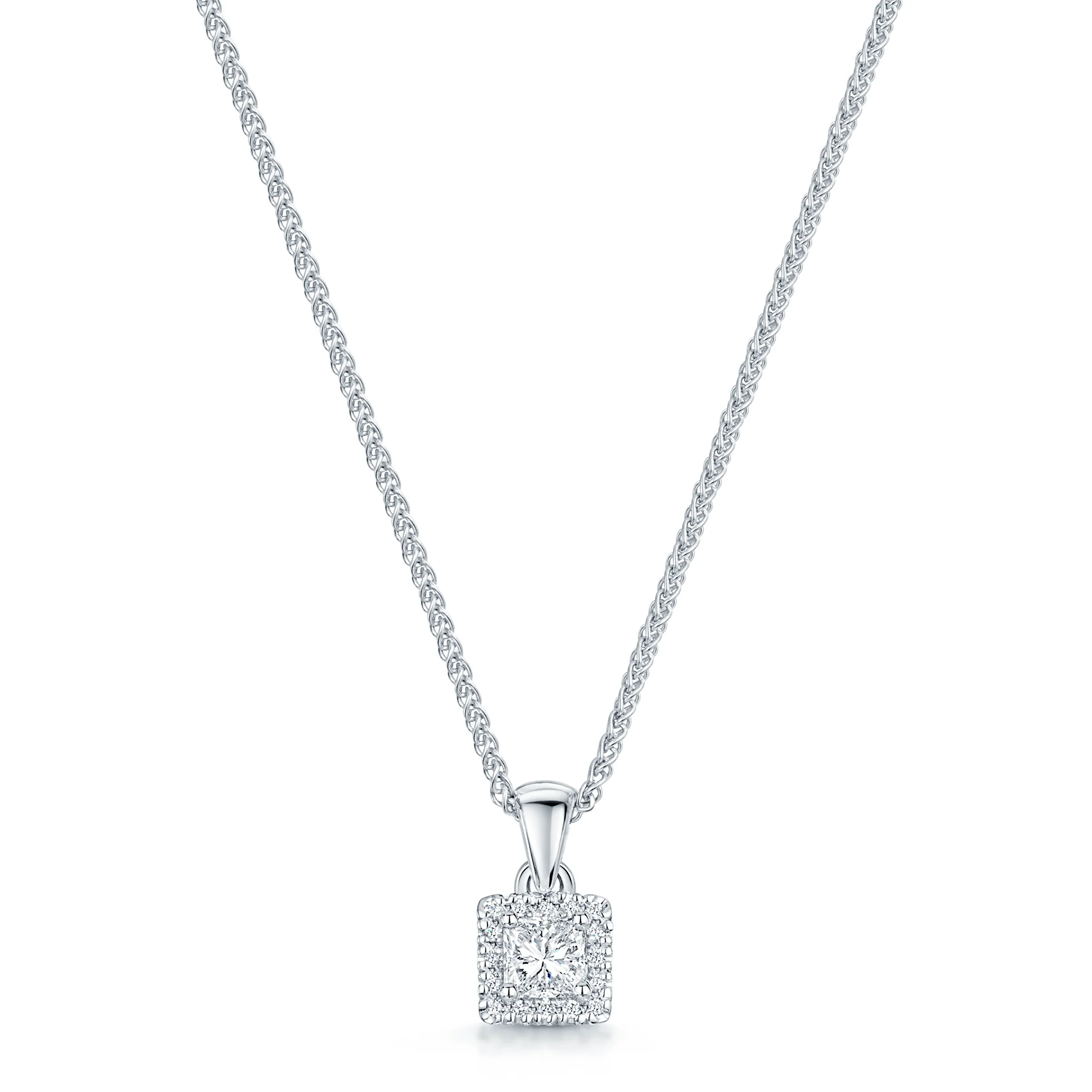 18ct White Gold and Diamond Princess Cut  Halo Pendant