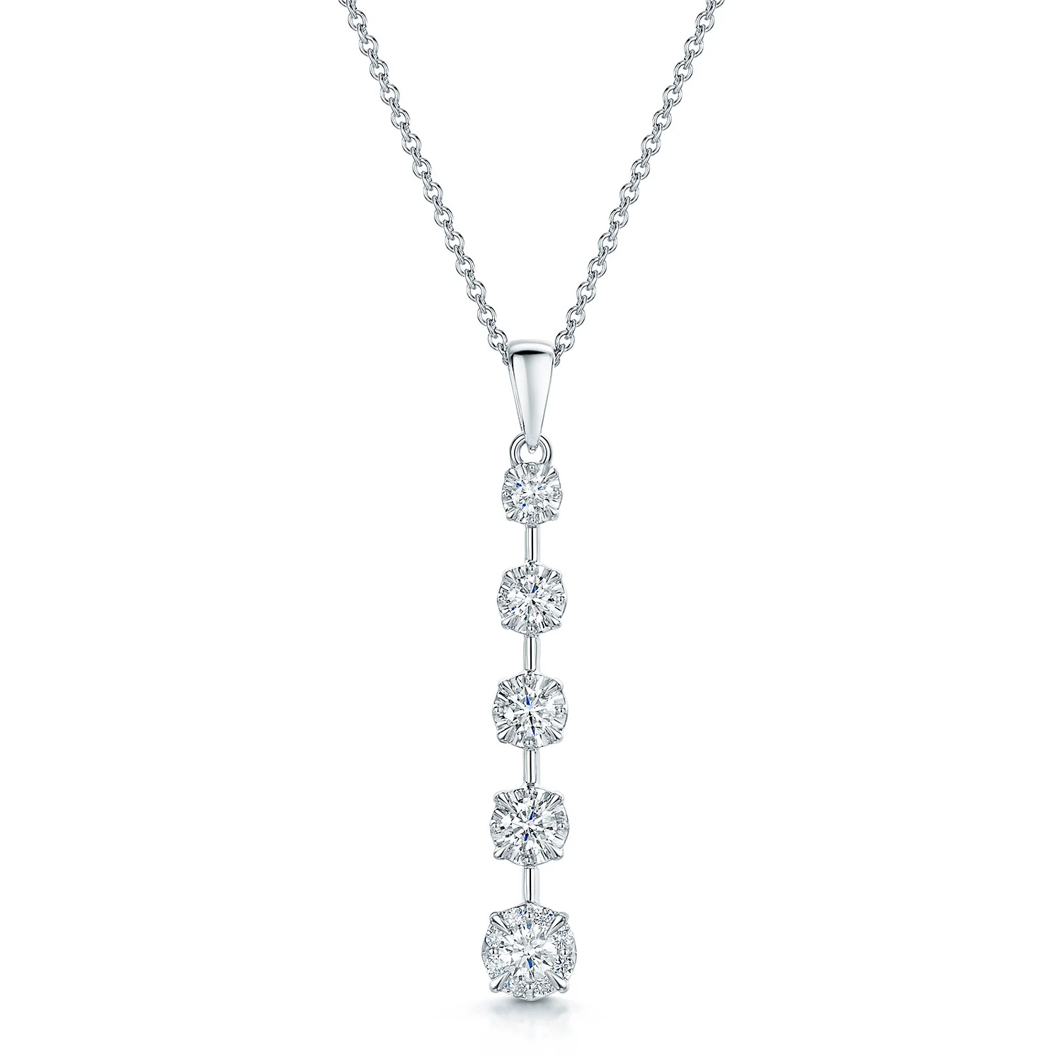 18ct White Gold Round Brilliant Cut Five Diamonds Graduated Drop Pendant