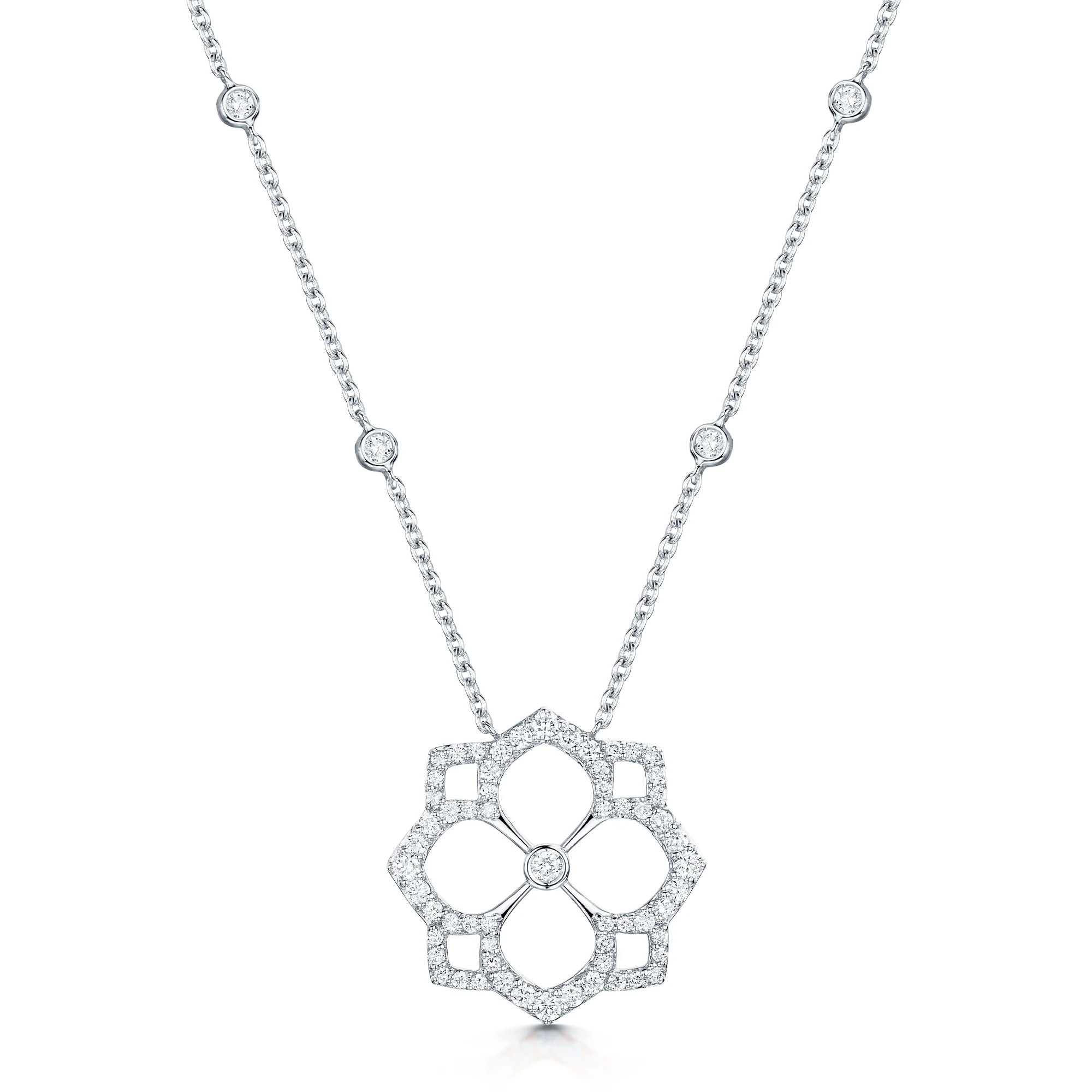 18ct White Gold And Round Brilliant Cut Diamond Open Flower Pendant