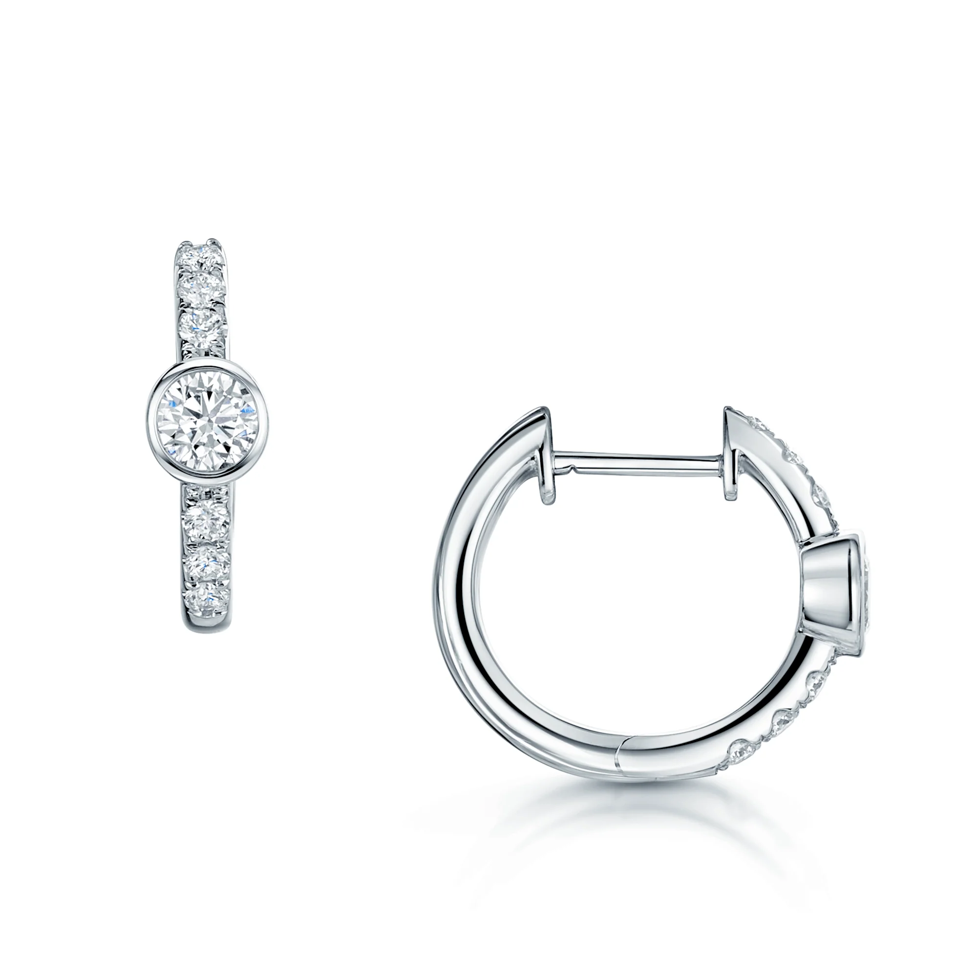 18ct White Gold Round Brilliant Cut Diamond Rub Over And Claw Set Hoop Earrings