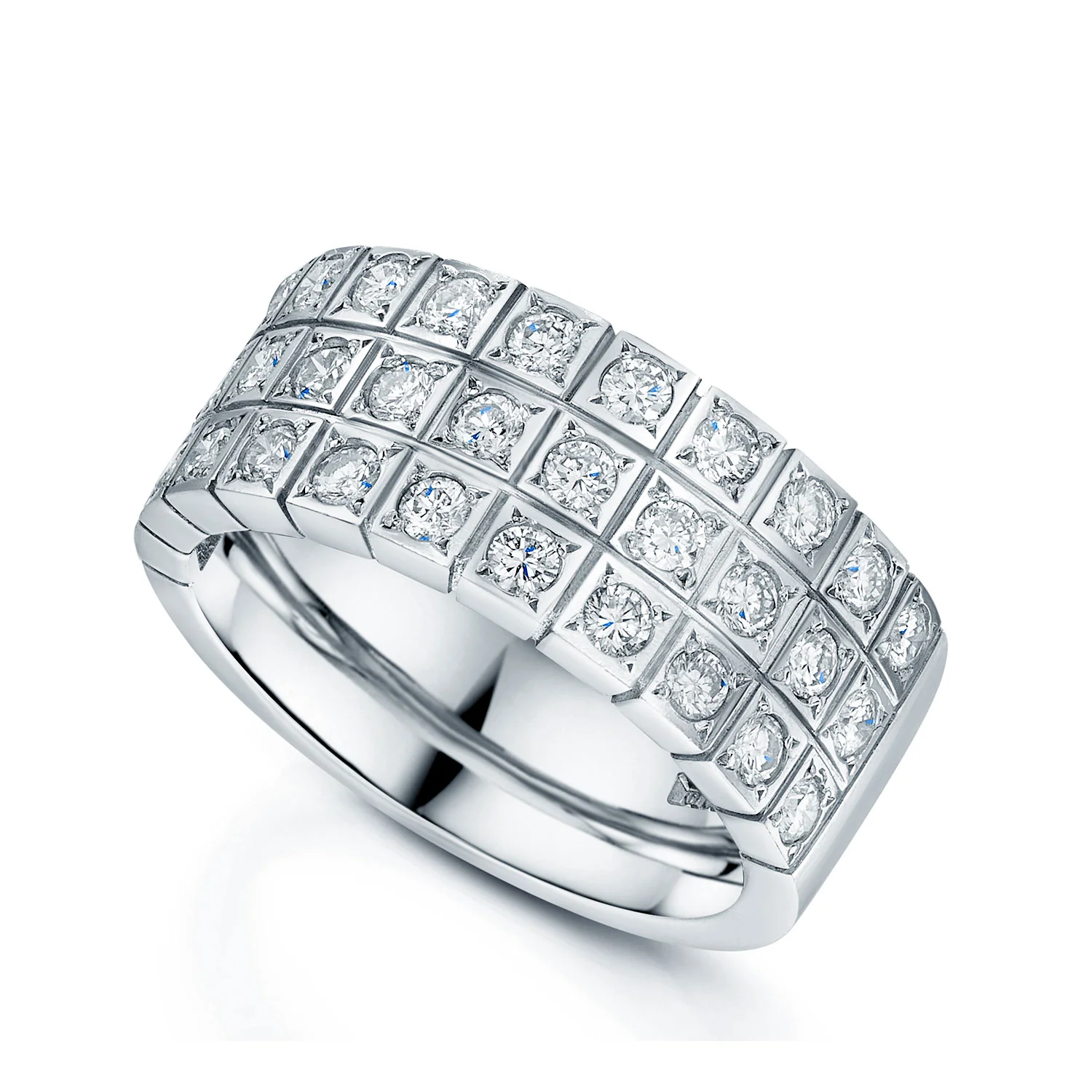 18ct White Gold Round Brilliant Cut Diamond Three Row Dress Ring