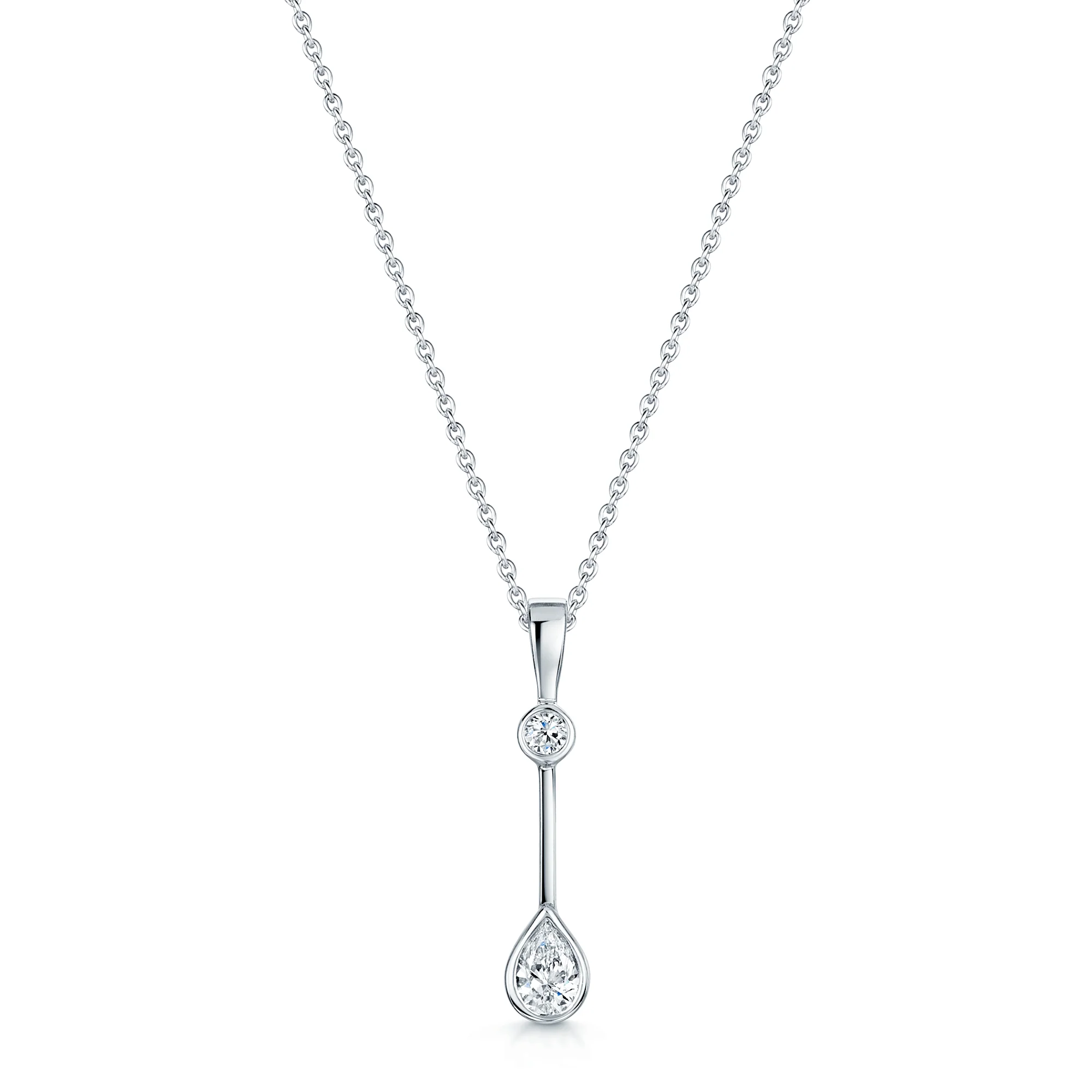 18ct White Gold Rub Over Pear & Round Brilliant Diamond Drop Pendant