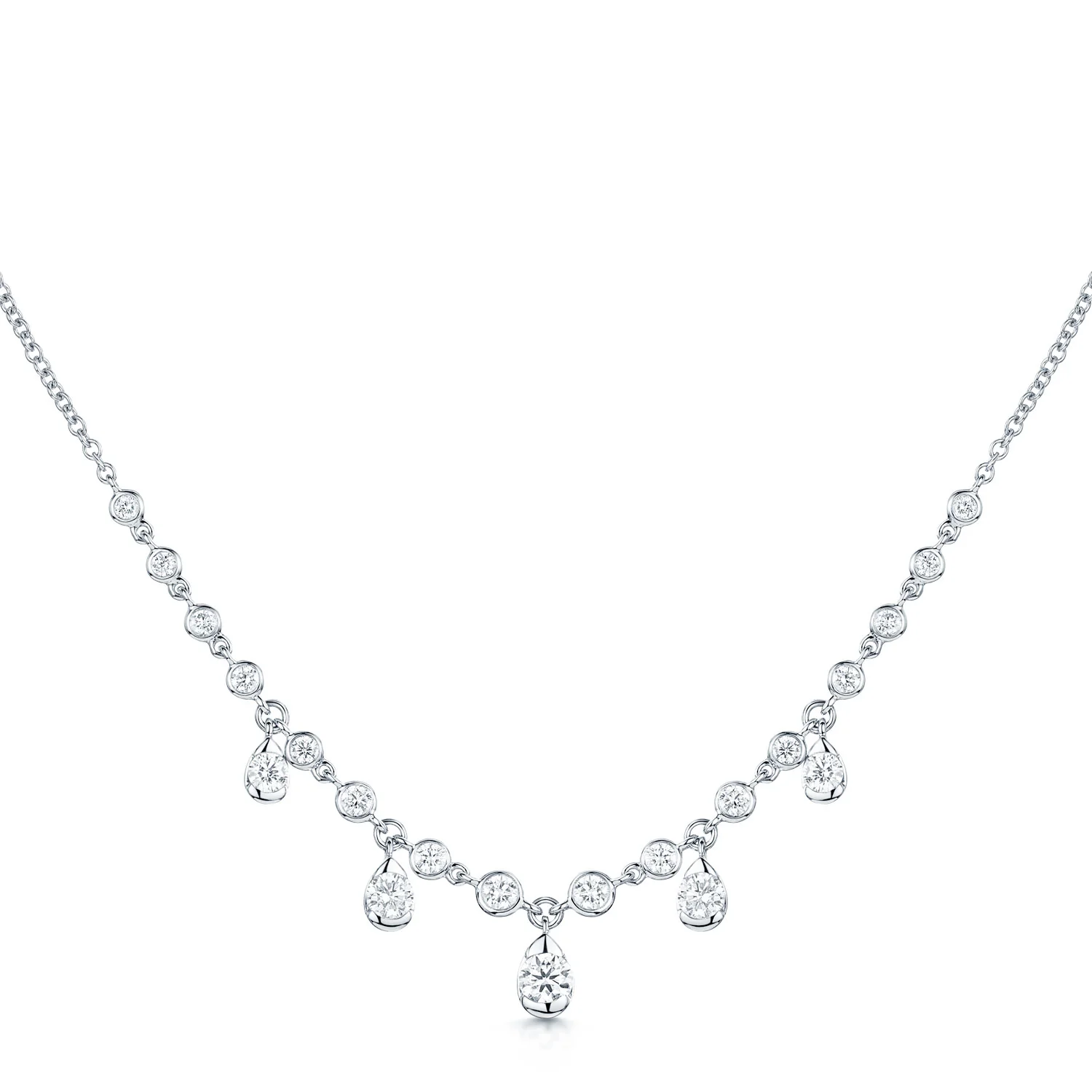 18ct White Gold Rub Over Set Diamond Necklet With Five Diamond Drops