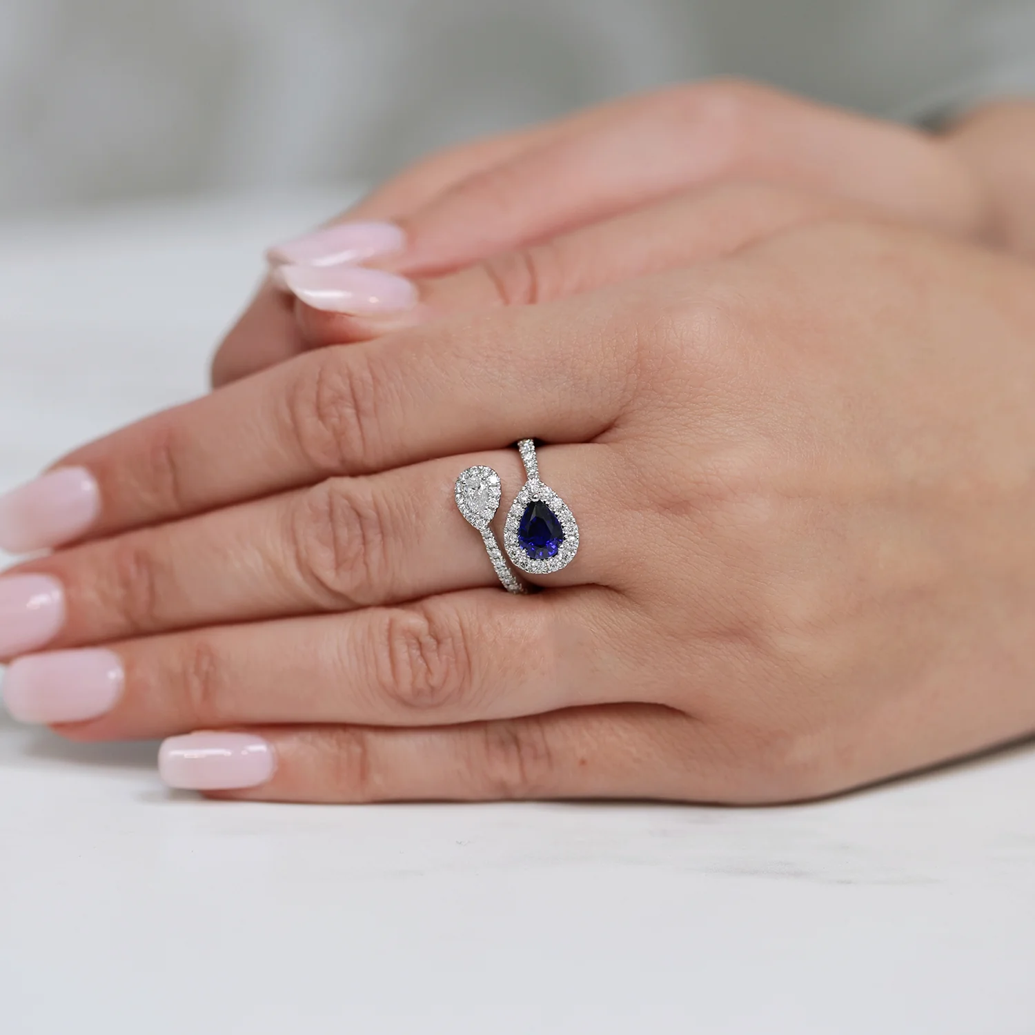 Platinum Pear Cut Sapphire And Diamond Halo Toi Et Moi Ring - Image 4