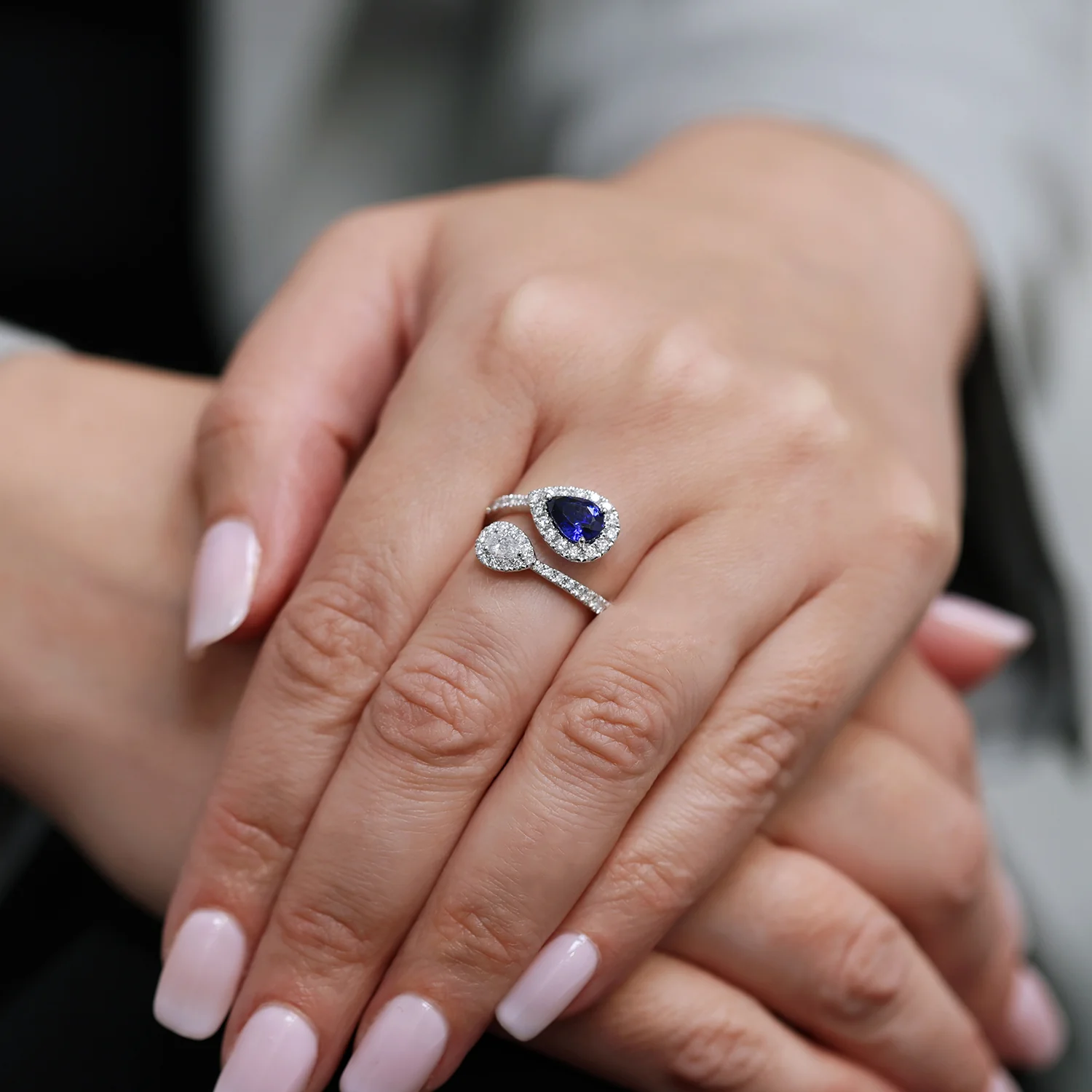 Platinum Pear Cut Sapphire And Diamond Halo Toi Et Moi Ring - Image 5