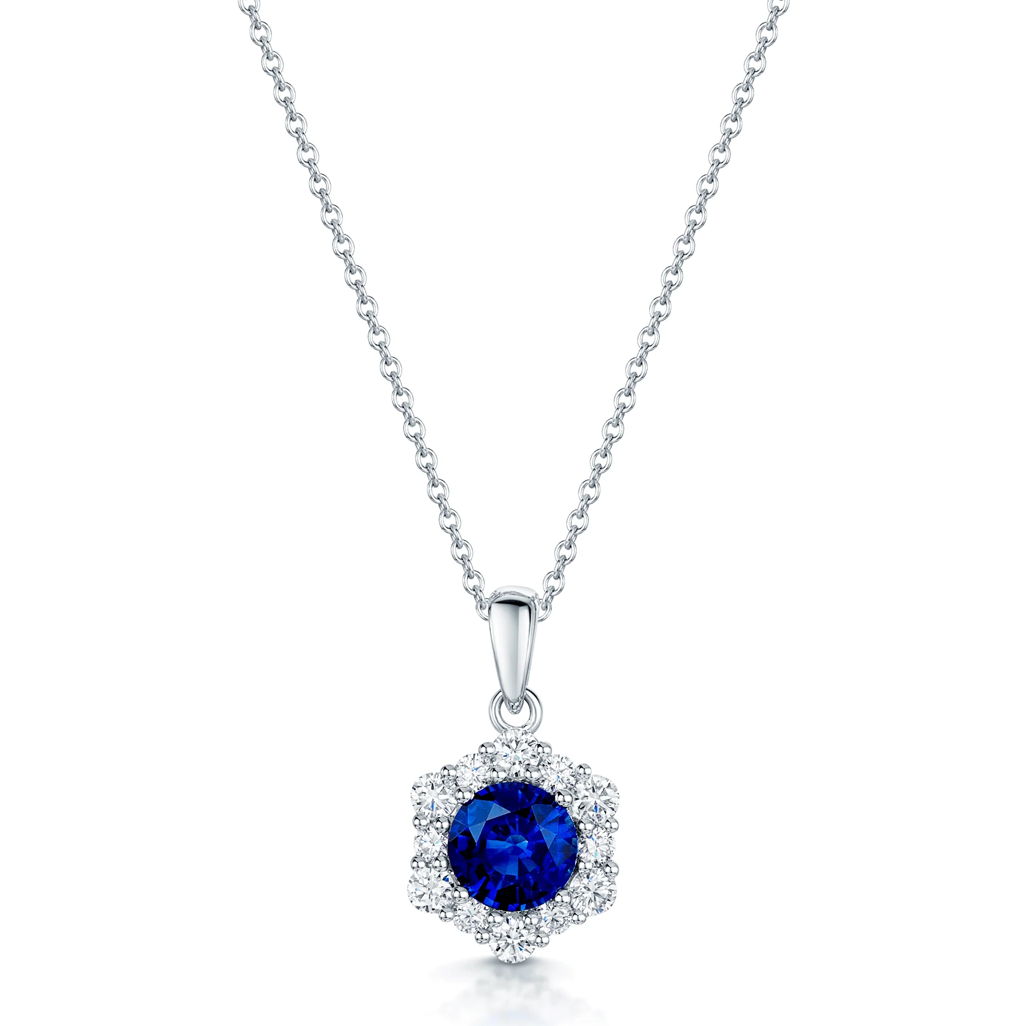 18ct White Gold Sapphire And Diamond Hexagon Shaped Cluster Pendant