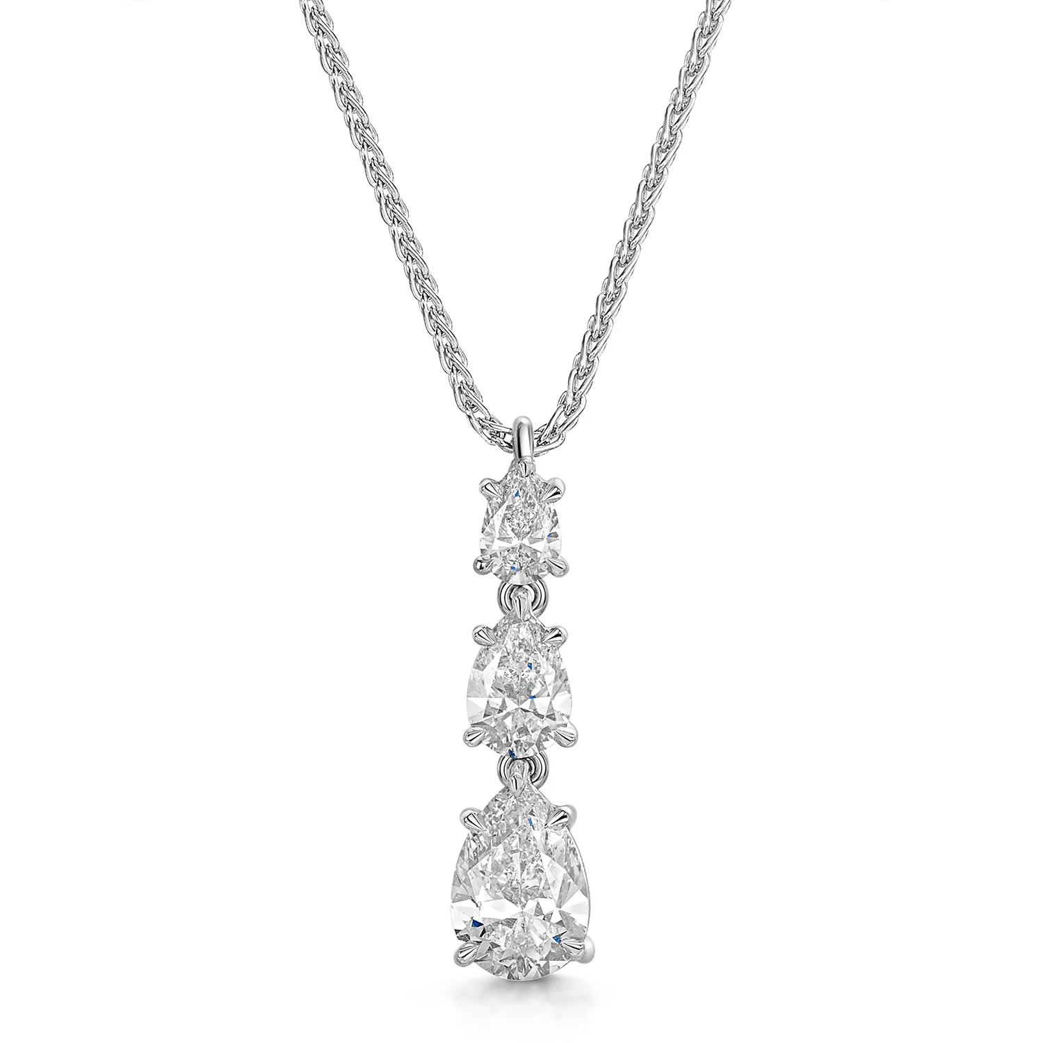 18ct White Gold Three Stone Diamond Pear Cut Drop Pendant