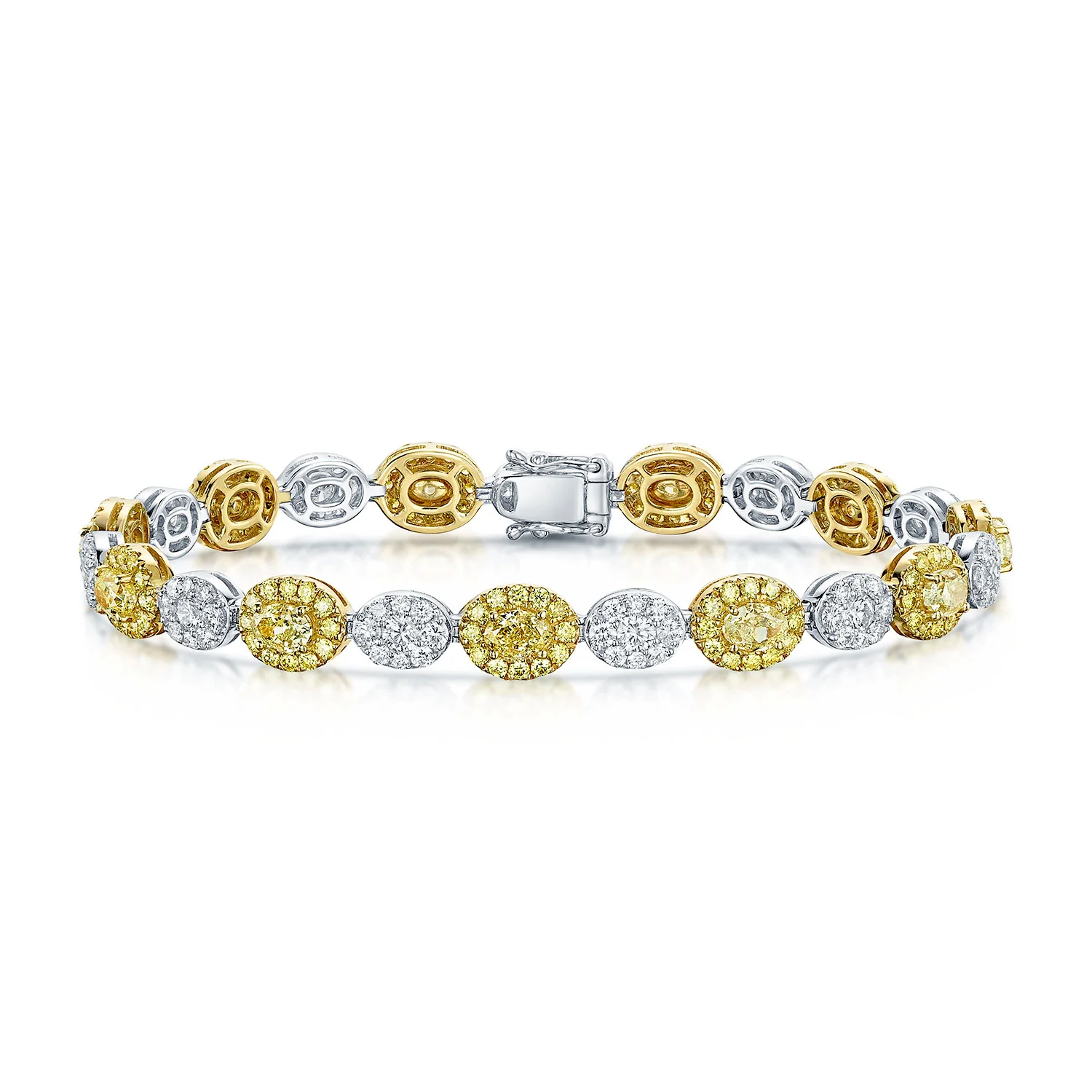 18ct Yellow And White Gold Halo Tennis Bracelet With Yellow And White Diamonds