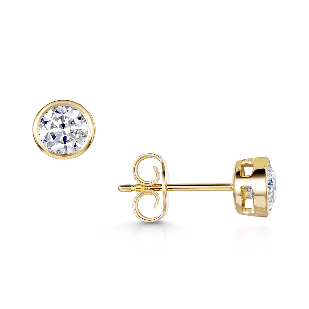 18ct Yellow Gold Round Brilliant Cut 1.00ct Diamond Rub Over Set Earrings
