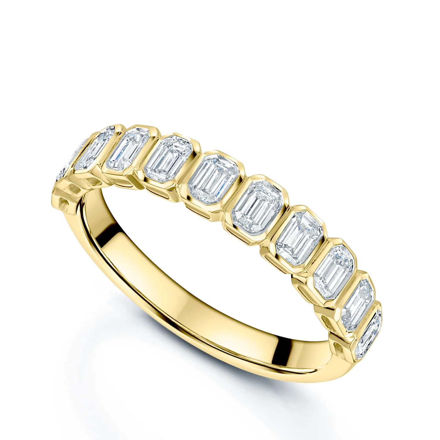 18ct Yellow Gold Emerald Cut 1.00 Carat Diamond Half Eternity Rub Over Set Ring