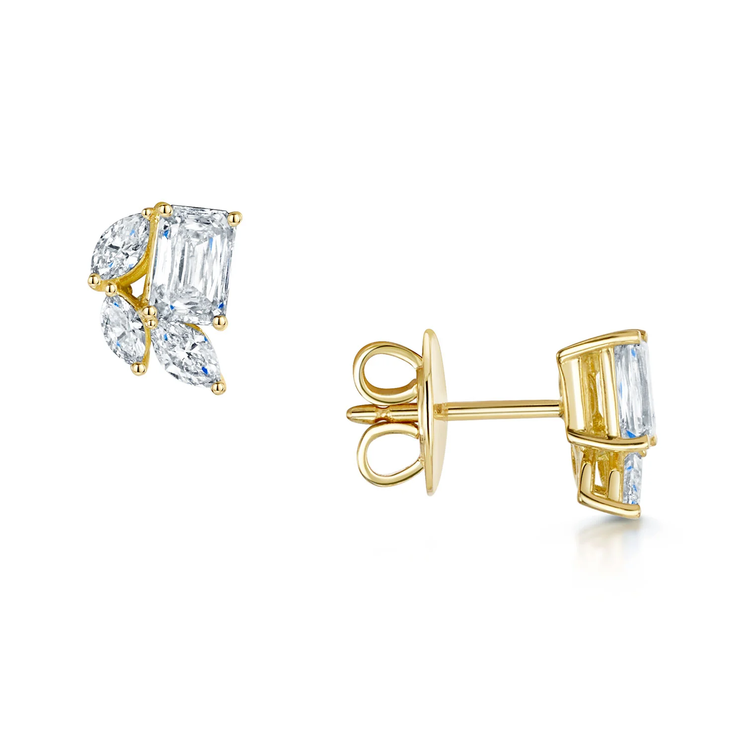 18ct Yellow Gold Emerald Cut And Marquise Diamond Stud Earrings