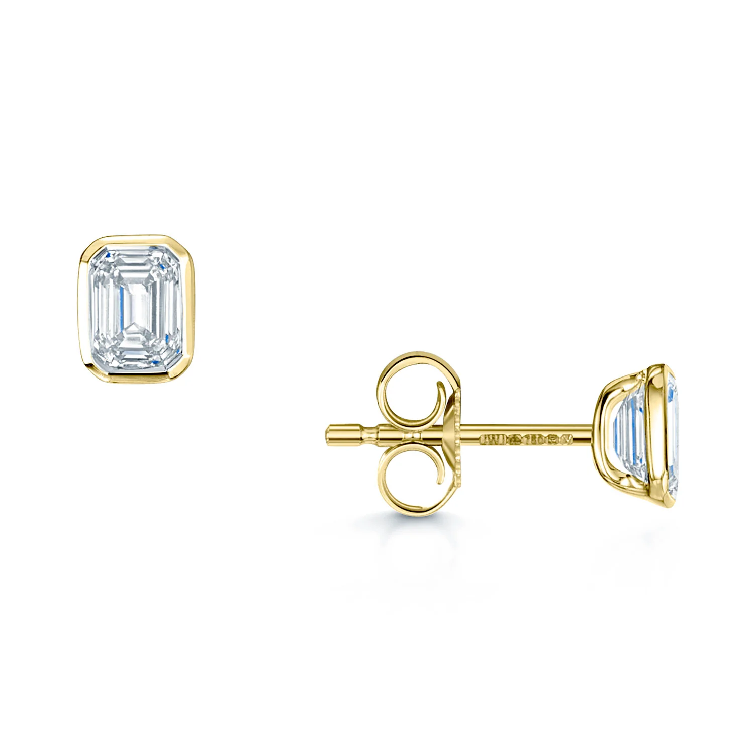 18ct Yellow Gold Emerald Cut Diamond 0.70ct Rub Over Stud Earrings