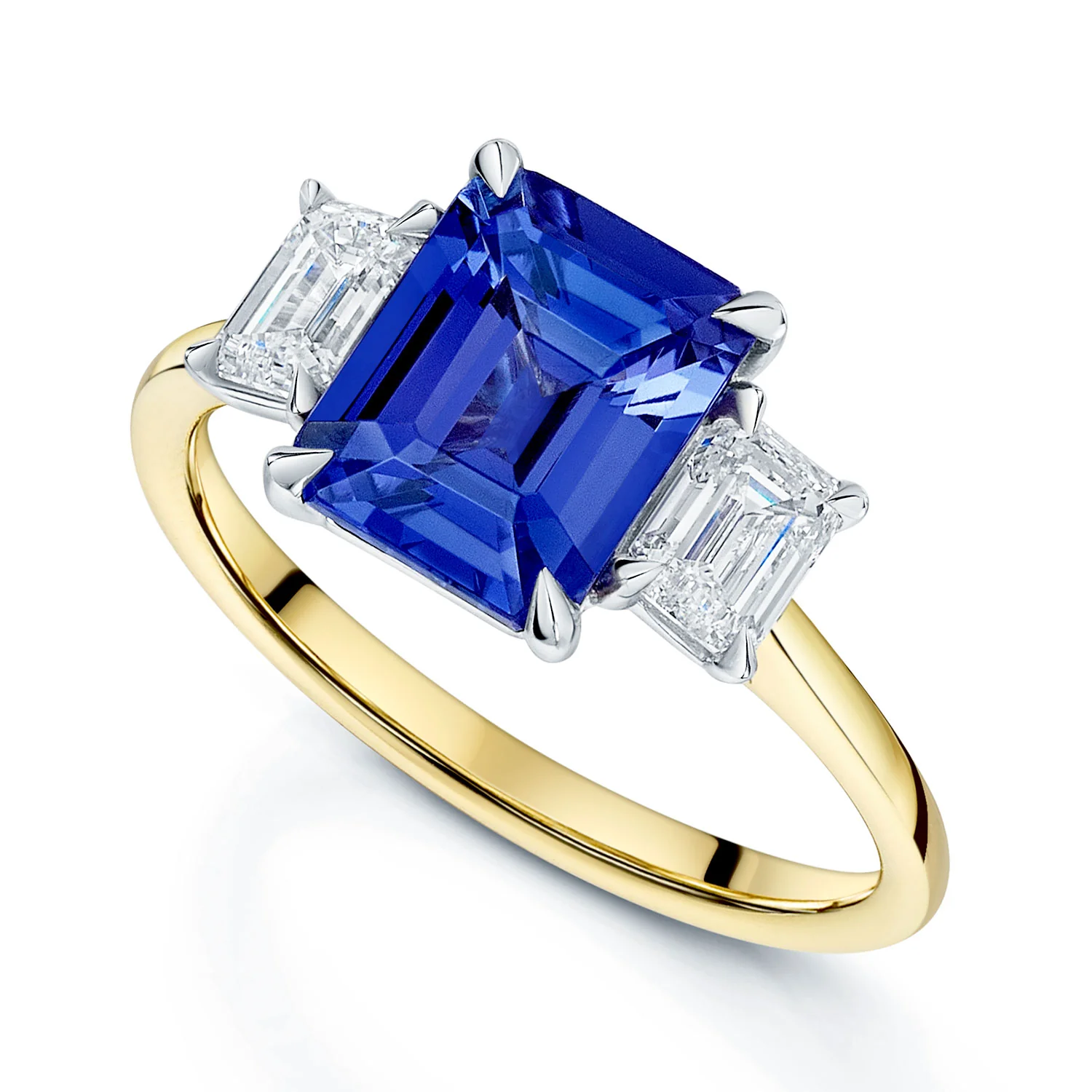 18ct Yellow Gold Emerald Cut Tanzanite And Diamond Three Stone Ring