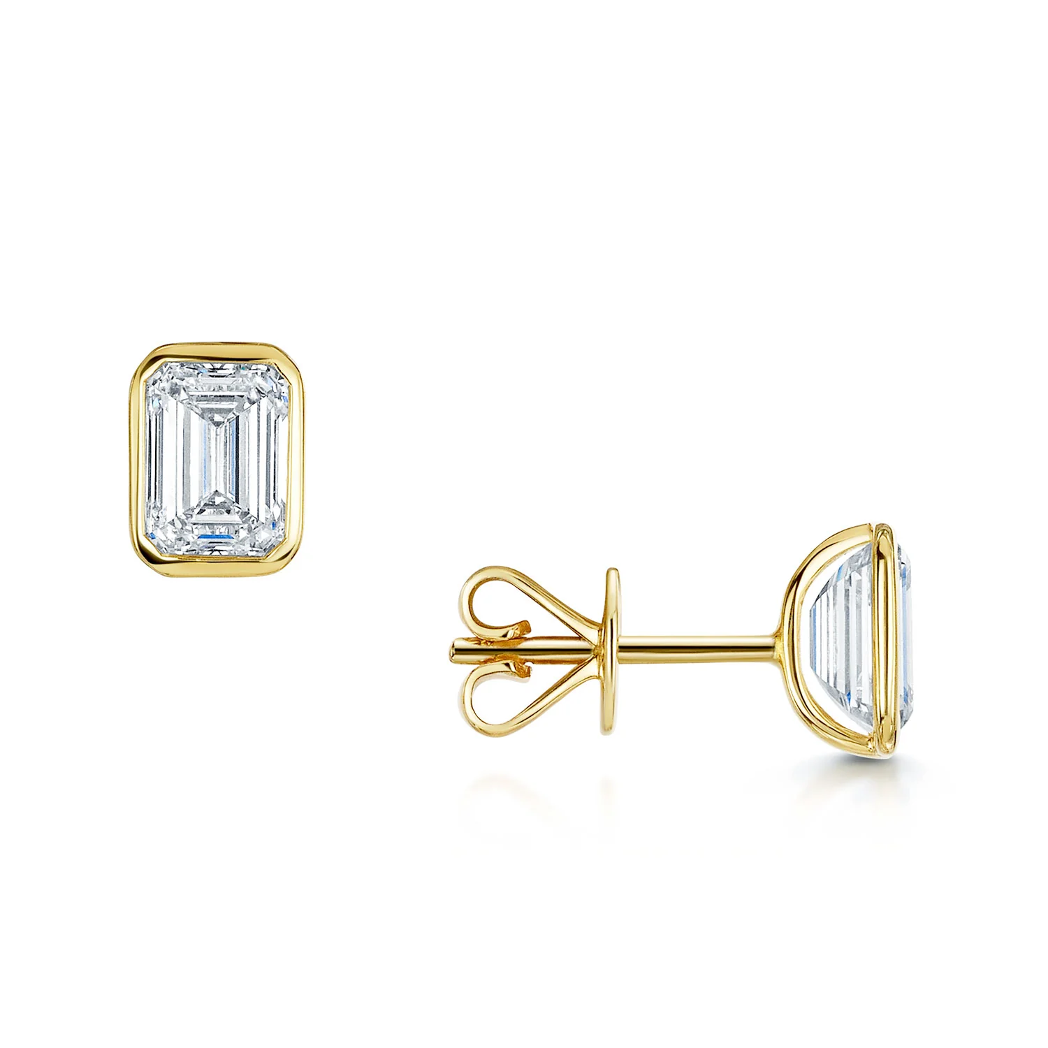18ct Yellow Gold GIA Certificated Emerald Cut Diamond 2.00ct Rub Over Stud Earrings