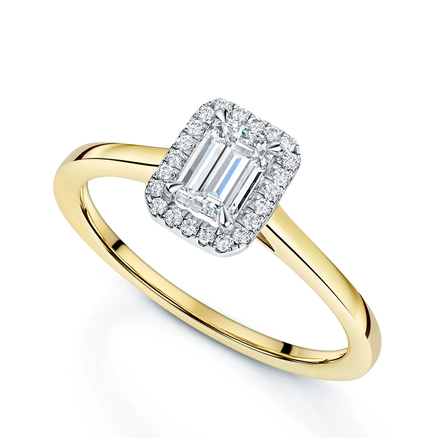 18ct Yellow Gold GIA Certificated Emerald Cut Diamond Halo Ring