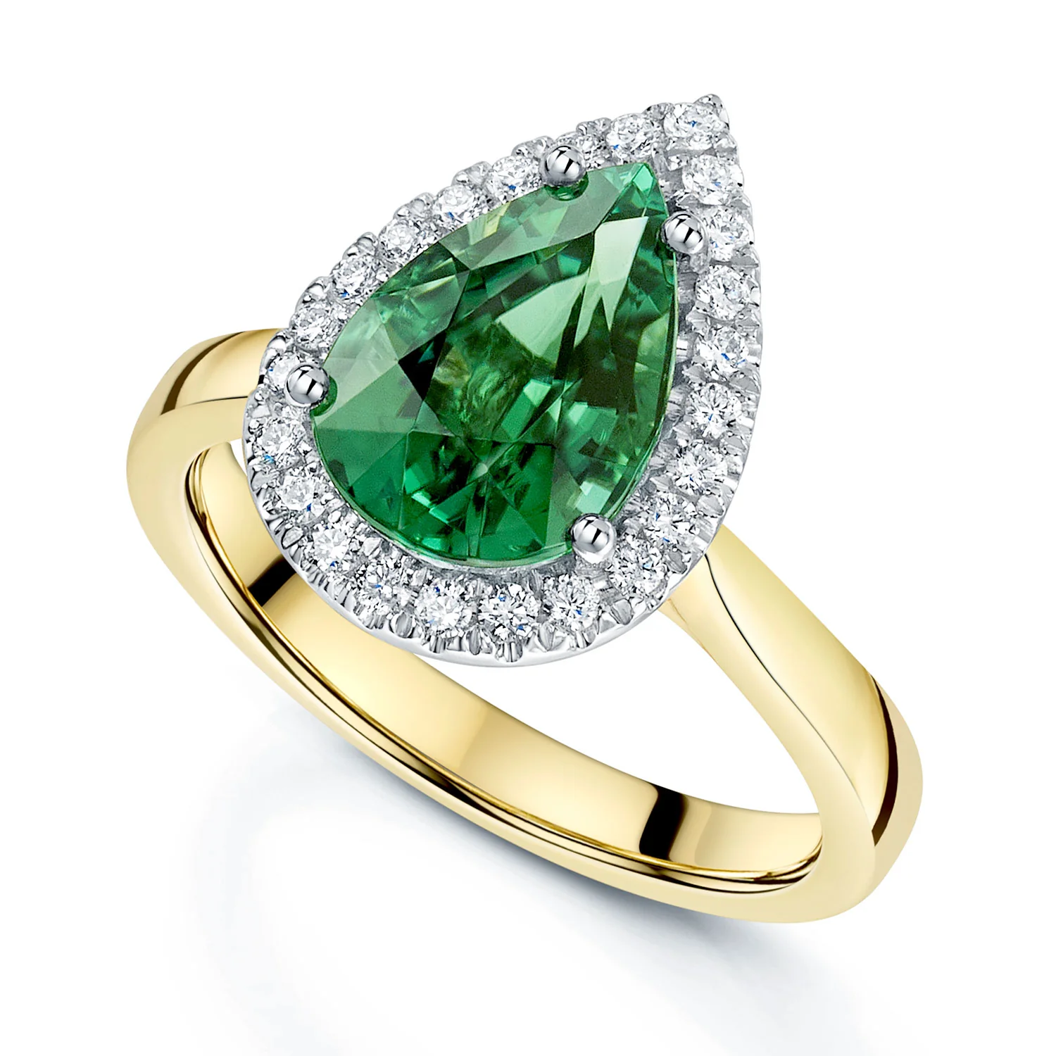 18ct Yellow Gold Green Tourmaline Diamond Halo Ring