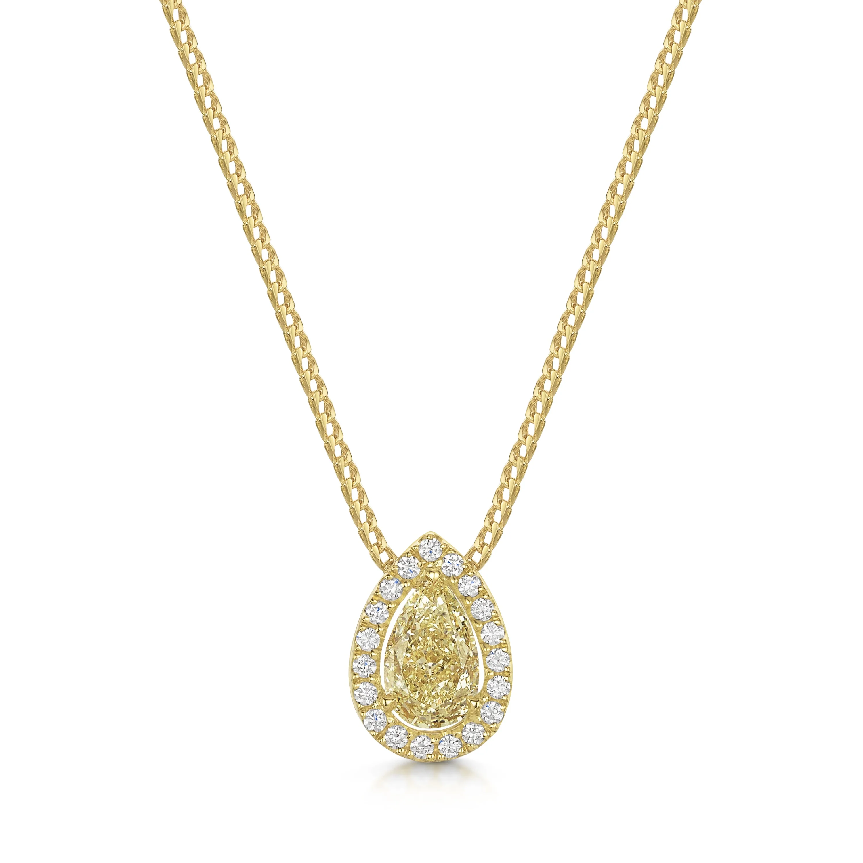 18ct Yellow Gold Pear Cut Yellow Diamond And Diamond Halo Pendant