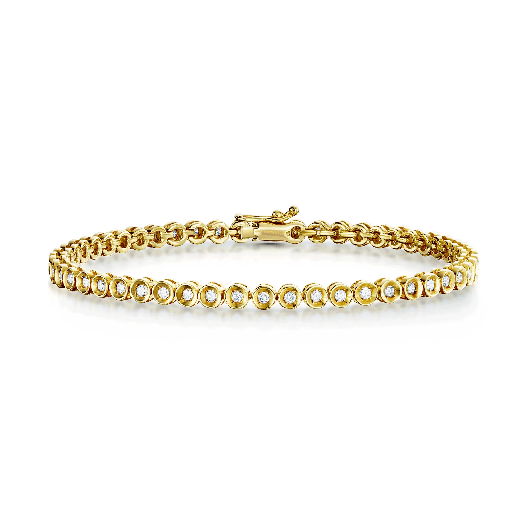 18ct Yellow Gold Round Brilliant Cut Diamond Tennis Bracelet In A Rub Over Setting