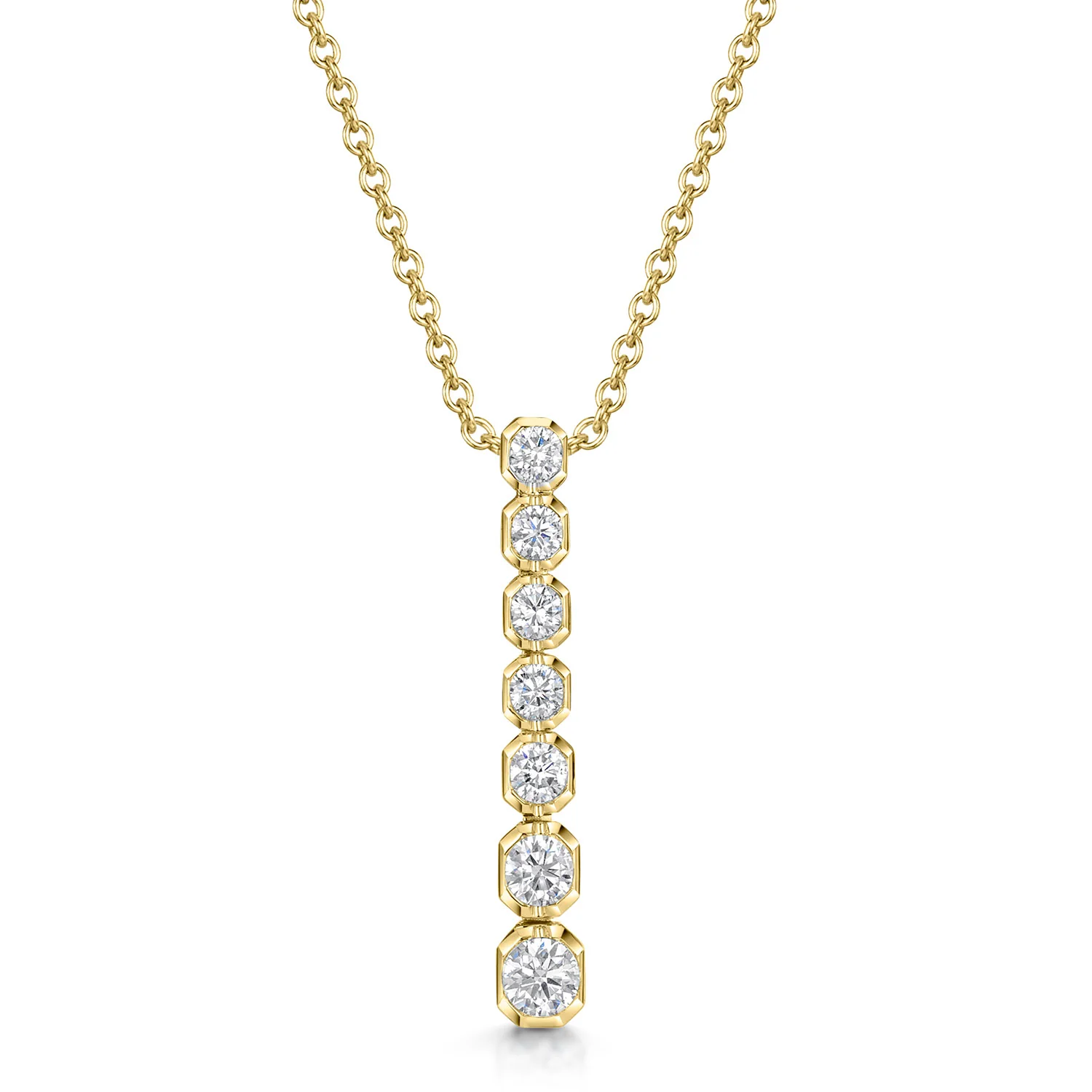 18ct Yellow Gold Round Brilliant Cut Diamond Rub Over Set Long Drop Pendant