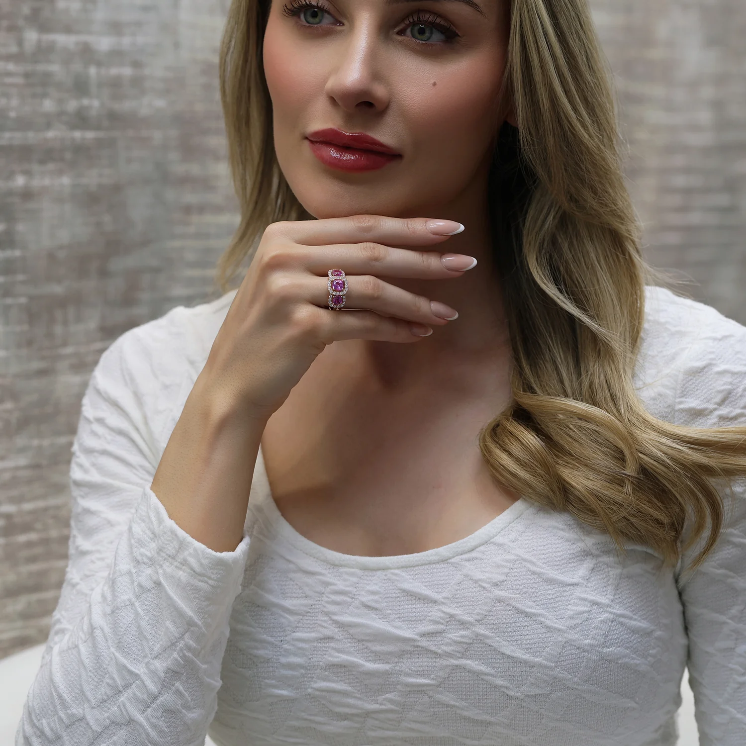 18ct Rose Gold Cushion Cut Pink Sapphire Three Stone Ring In A Diamond Halo Setting - Image 3
