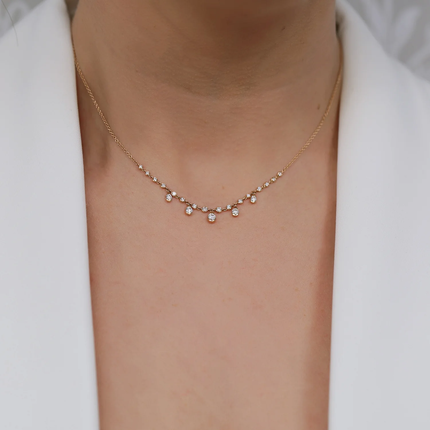 18ct Rose Gold Rub Over Set Diamond Necklet With Five Diamond Drops - Image 2