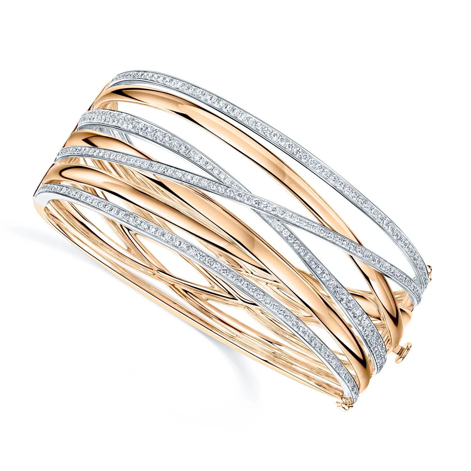 18ct Rose & White Gold Broad Seven Strand Pave & Polished Cross Over Hinged Bangle