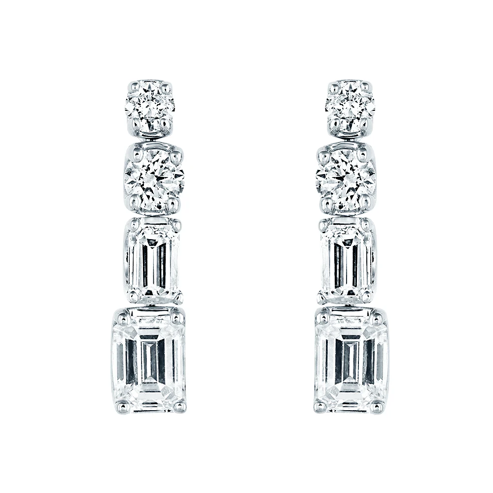 18ct White Gold Brilliant and Emerald Cut Diamond Drop Earrings