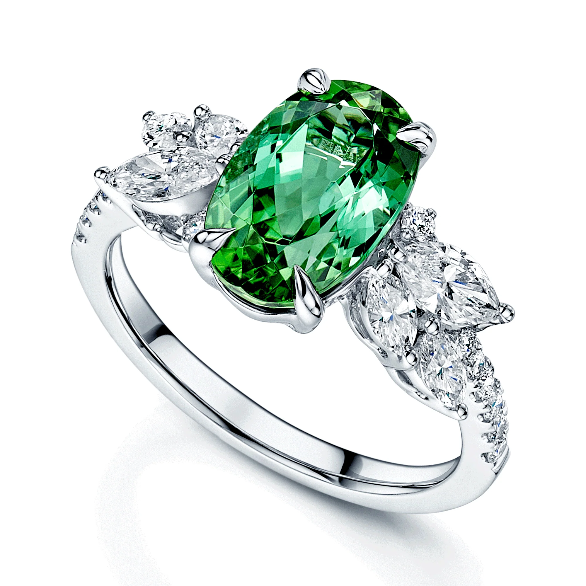 18ct White Gold Oval Green Tourmaline & Marquise Cut Diamond Cluster Ring.