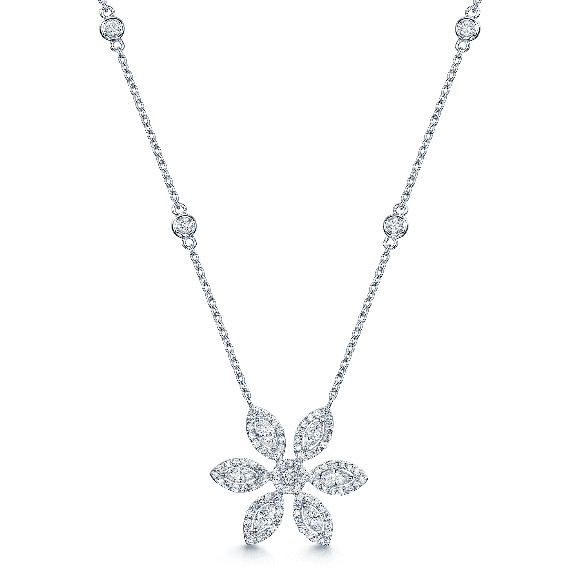 18ct White Gold Marquise And Round Brilliant Cut Six Petal Flower Pendant