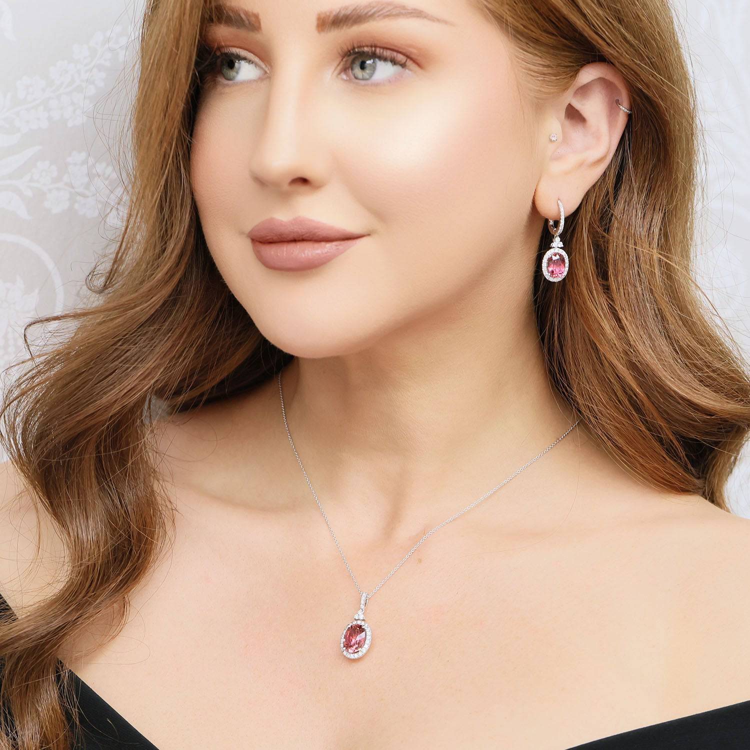 18ct White Gold Oval Cut Pink Tourmaline & Diamond Set Trefoil Drop Earnings - Image 3